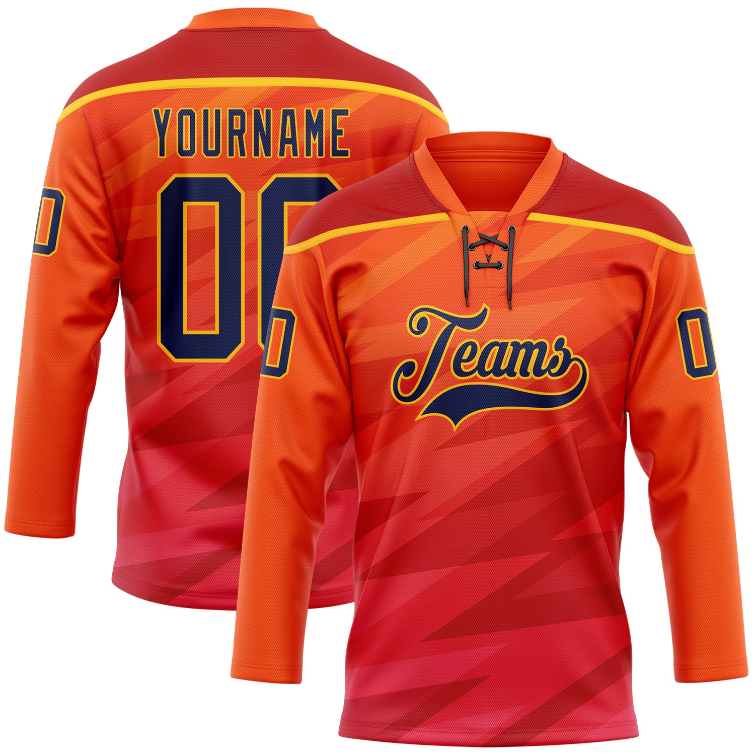 Custom Orange Navy Red-Gold 3D Pattern Abstract Gradient Halftone Hockey Lace Neck Jersey