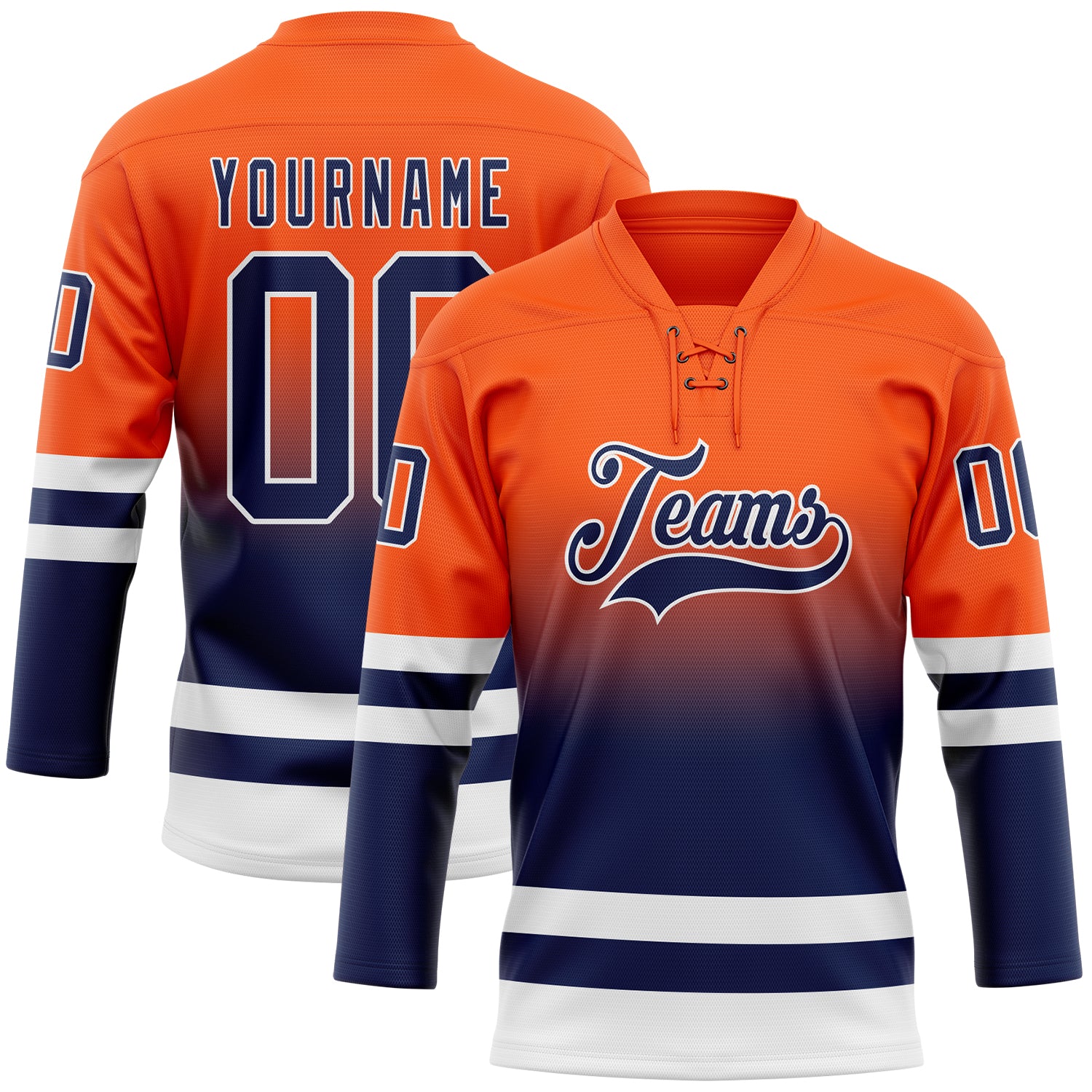 Custom Orange Navy-White Fade Fashion Hockey Lace Neck Jersey