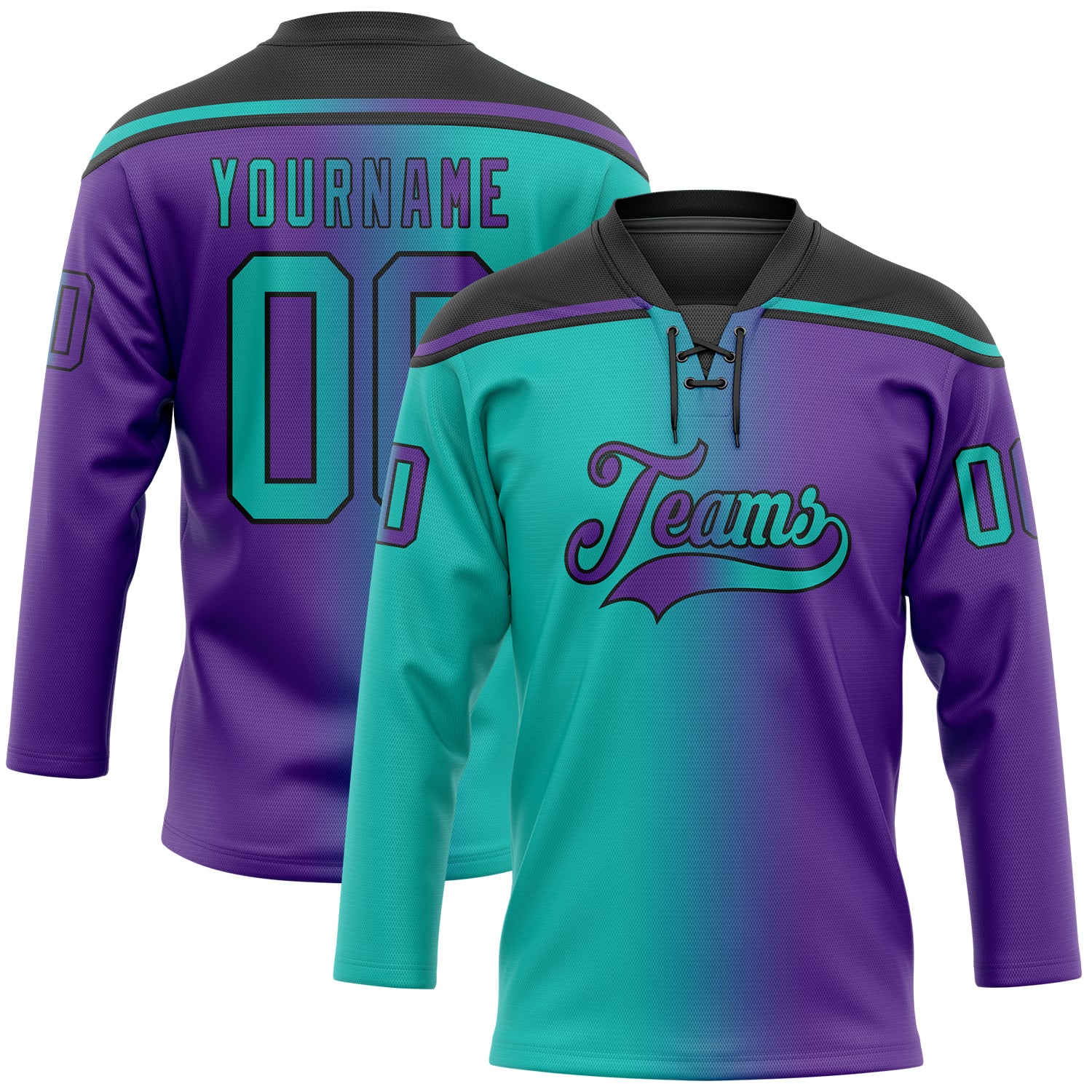 Custom Purple Aqua-Black Gradient Fashion Hockey Lace Neck Jersey