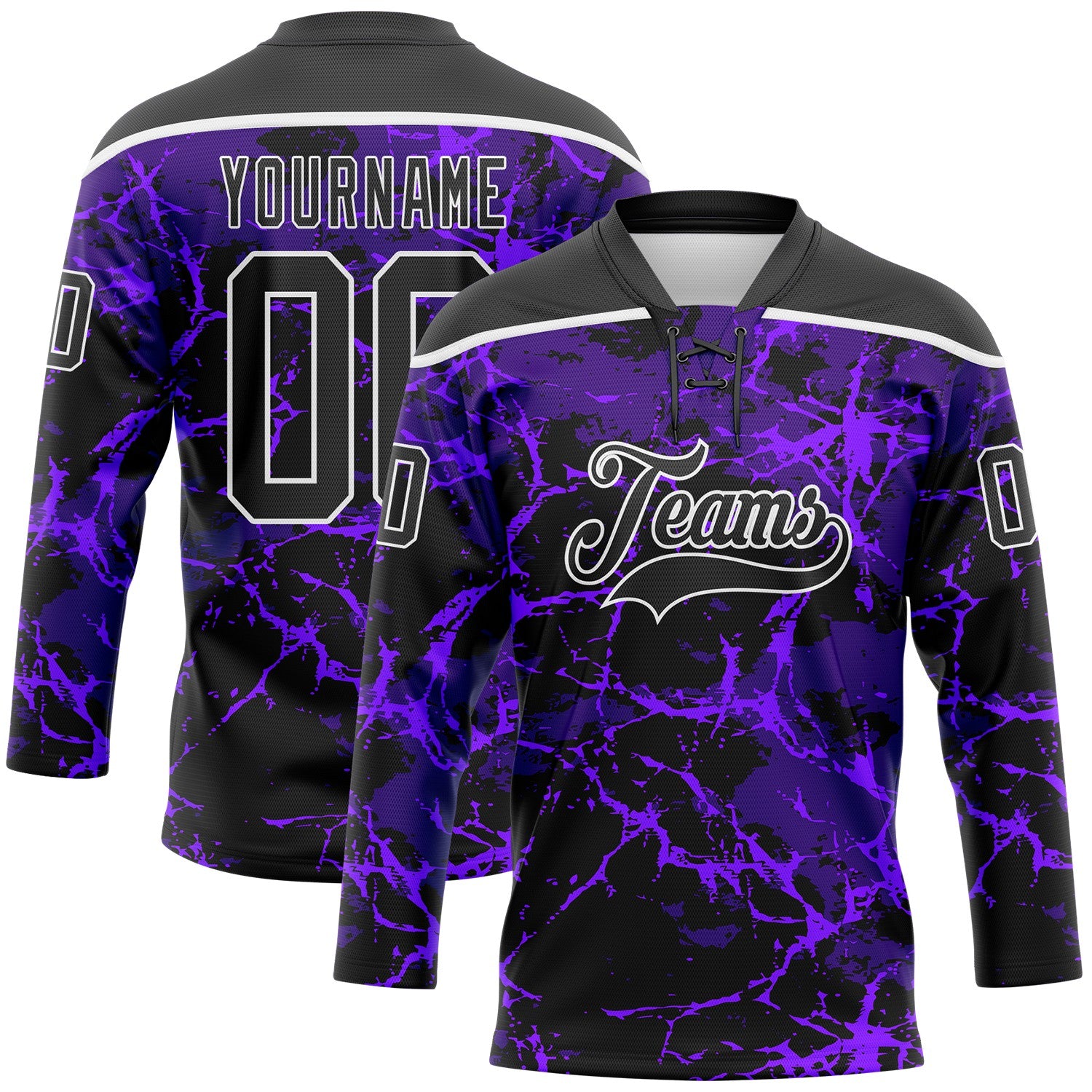 Custom Purple Black-White 3D Pattern Lightning Hockey Lace Neck Jersey