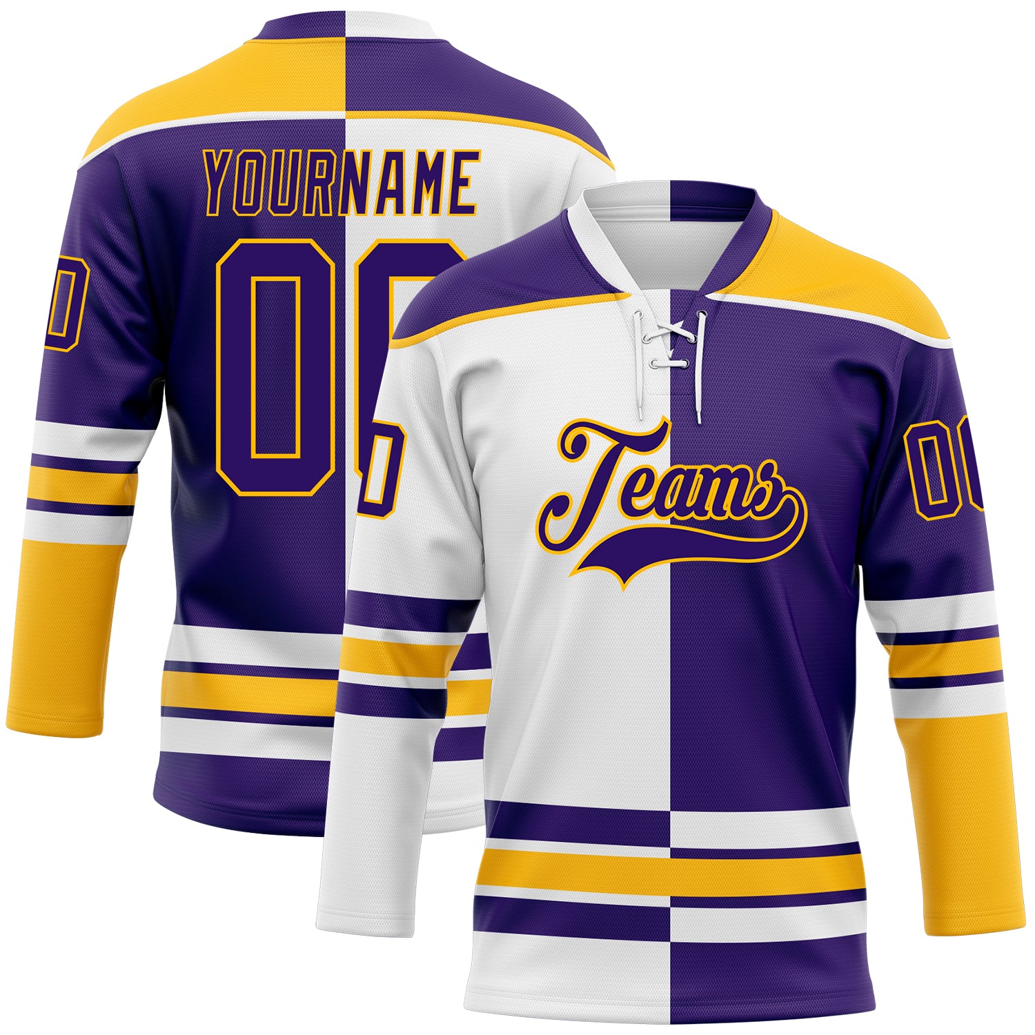Custom Purple Gold-White Split Fashion Hockey Lace Neck Jersey