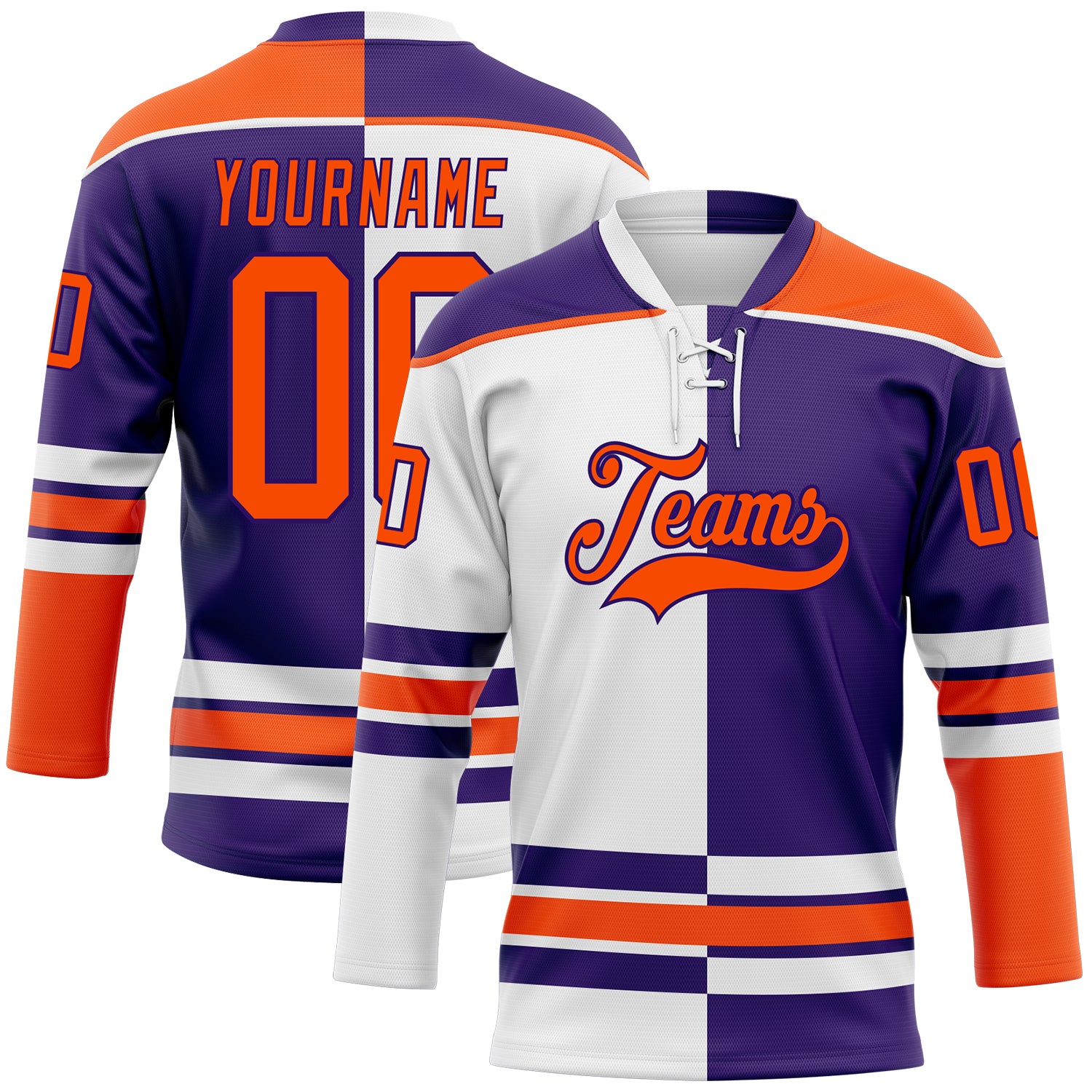 Custom Purple Orange-White Split Fashion Hockey Lace Neck Jersey