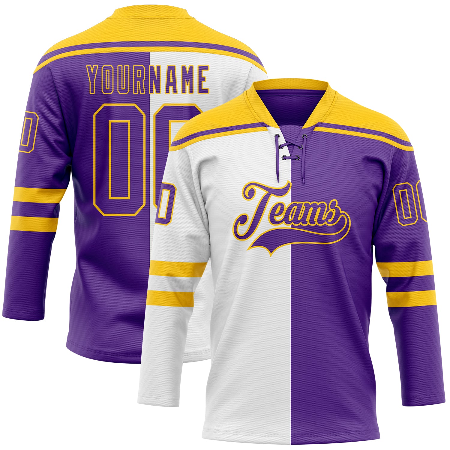 Custom Purple White-Yellow Split Fashion Hockey Lace Neck Jersey