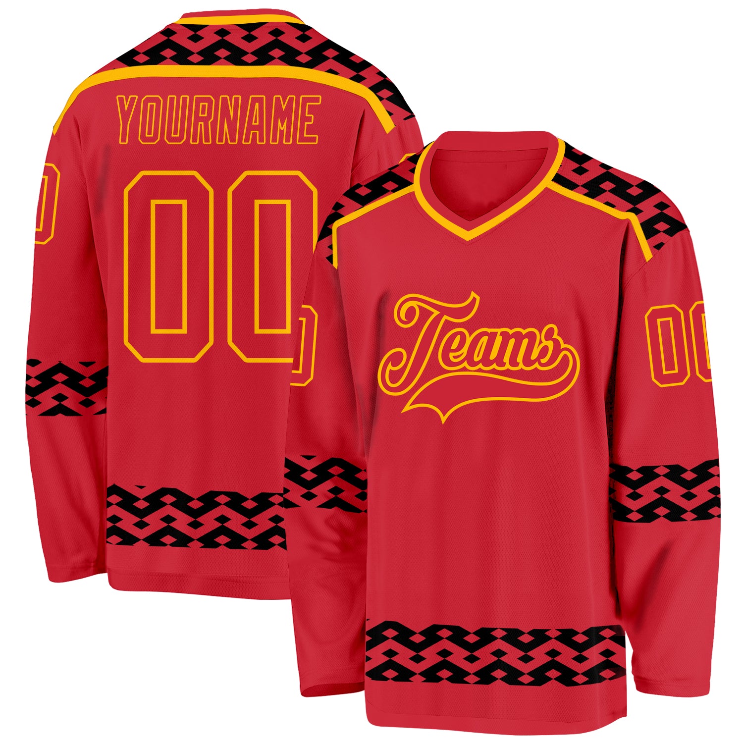 Custom Red Black-Gold 3D Pattern Plaid Hockey Jersey