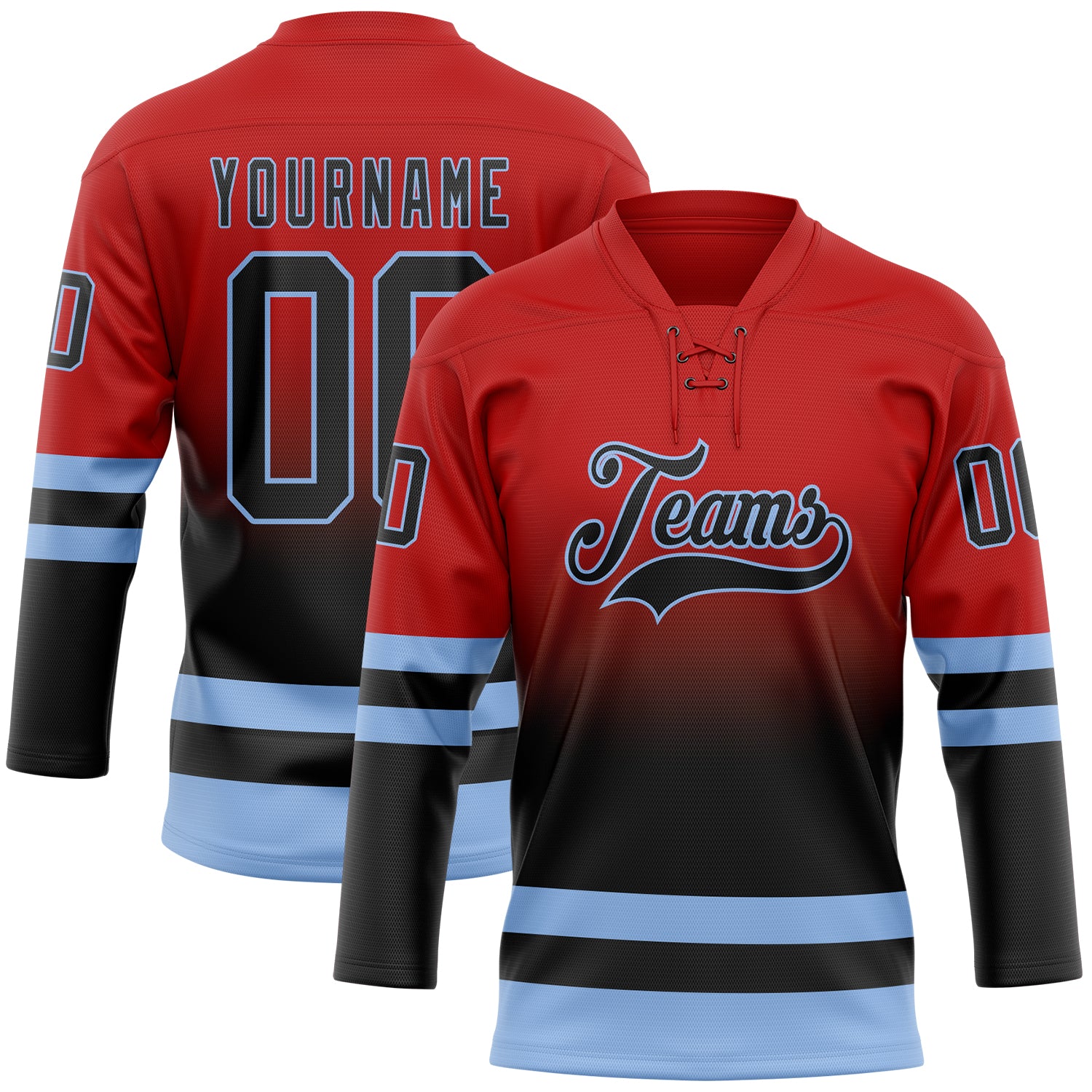 Custom Red Black-Light Blue Fade Fashion Hockey Lace Neck Jersey