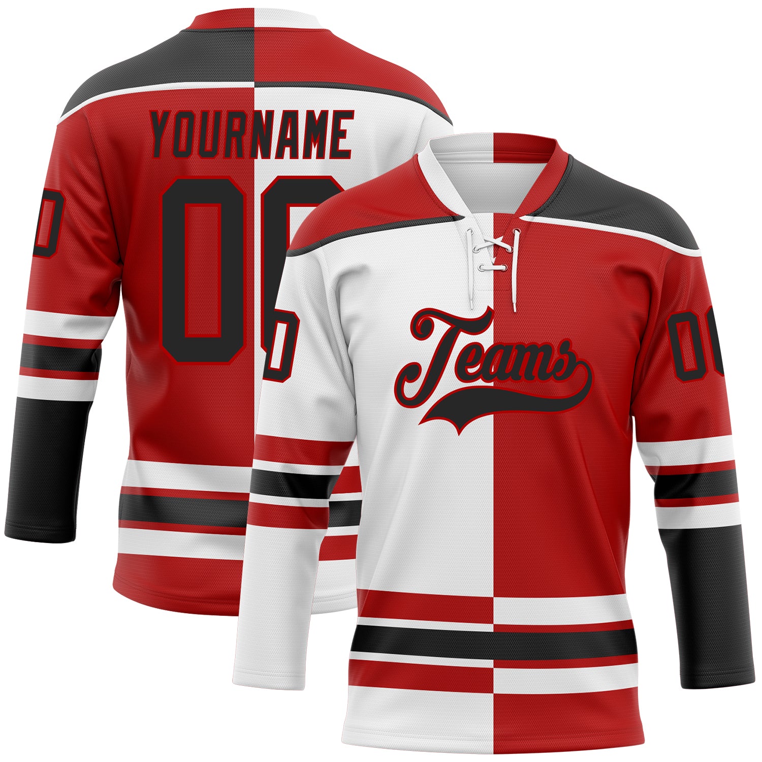 Custom Red Black-White Split Fashion Hockey Lace Neck Jersey