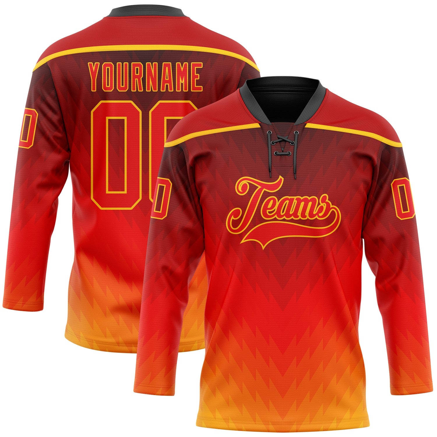 Custom Red Fire Red Gold-Black 3D Pattern Abstract Gradient Halftone Hockey Lace Neck Jersey