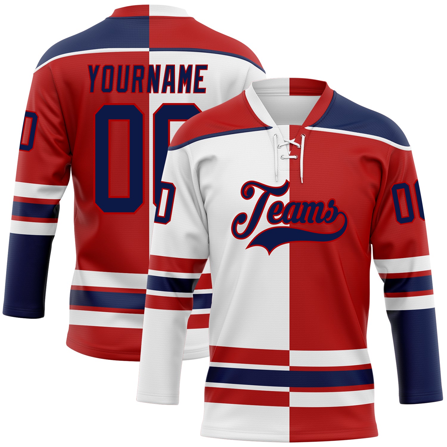 Custom Red Navy-White Split Fashion Hockey Lace Neck Jersey