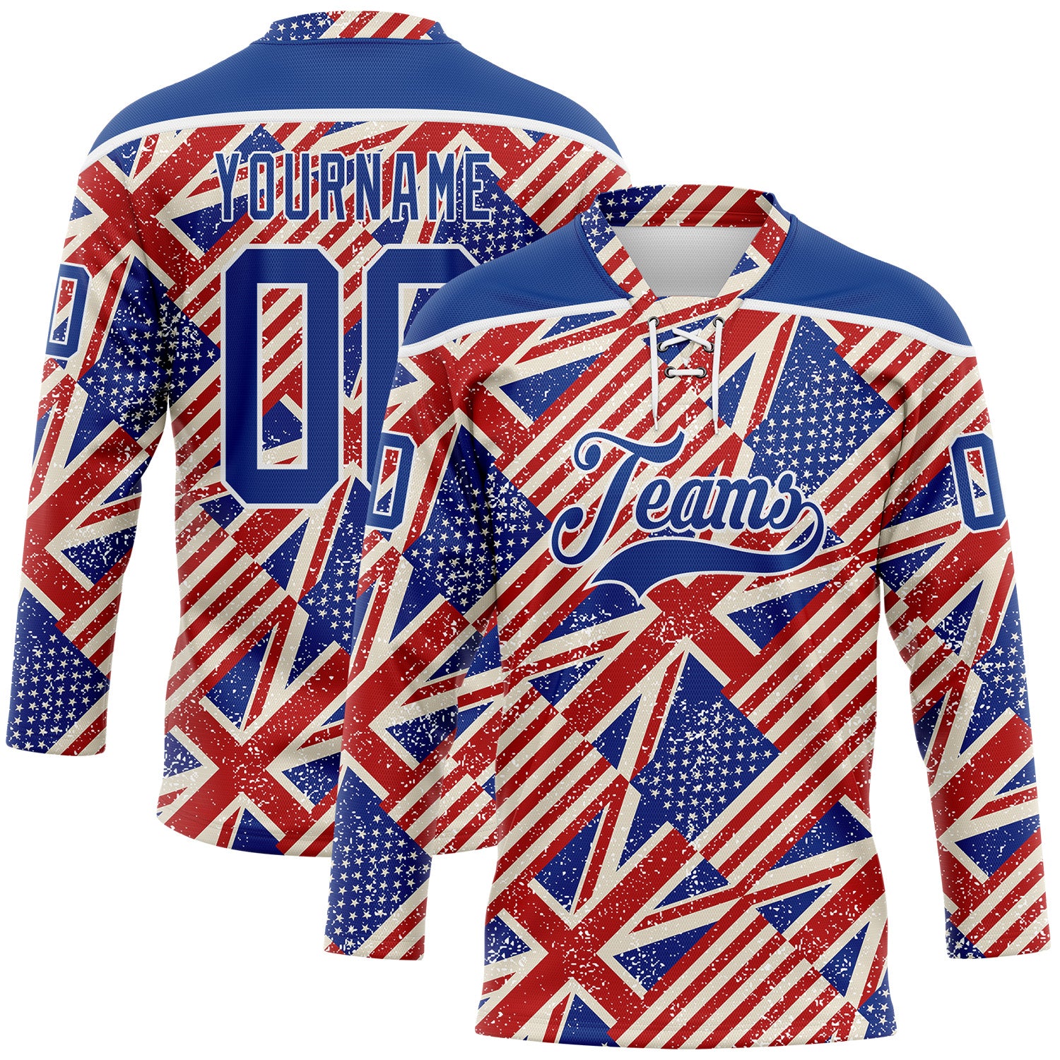 Custom Royal Red Cream-White American Flag Grunge Hockey Lace Neck Jersey