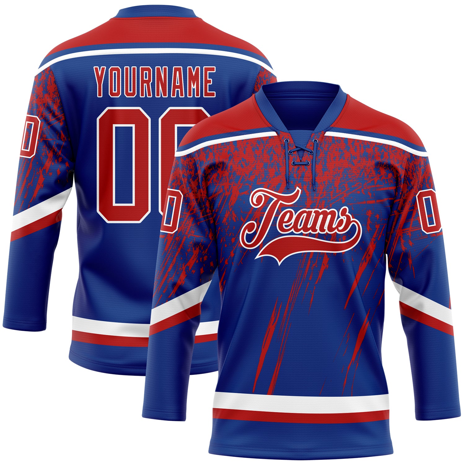 Custom Royal Red-White 3D Splash Hockey Lace Neck Jersey