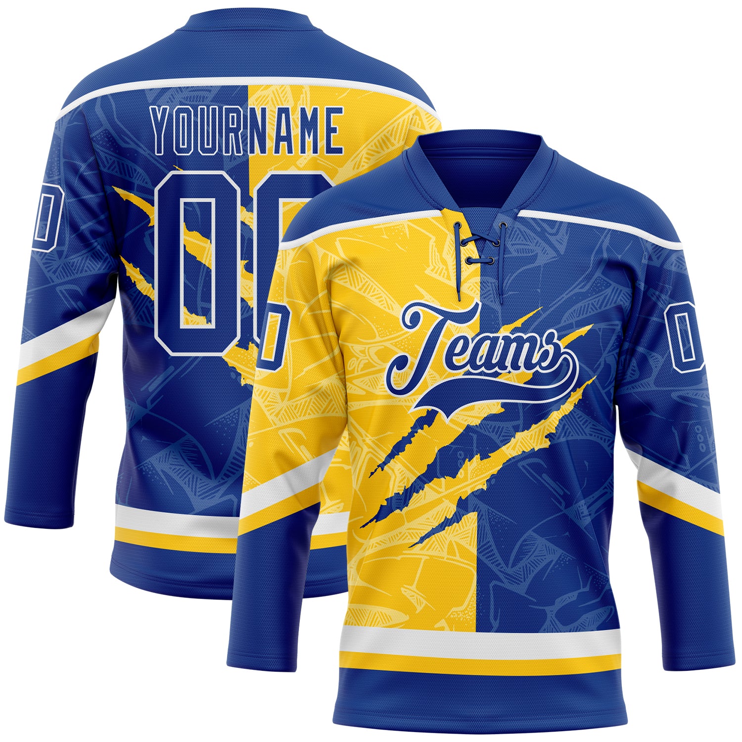 Custom Royal Yellow-White 3D Pattern Gradient Fashion Scratch Hockey Lace Neck Jersey