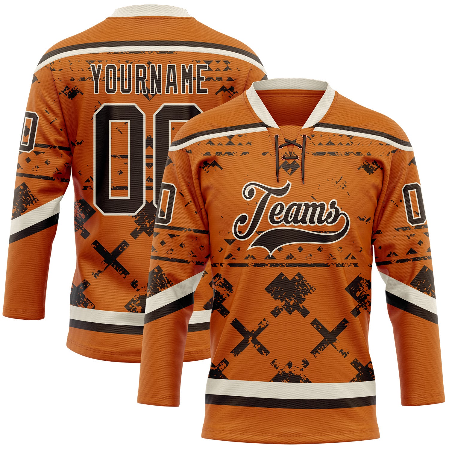 Custom Texas Orange Brown-Cream 3D Pattern Tribal Indigenous Grunge Splash Hockey Lace Neck Jersey