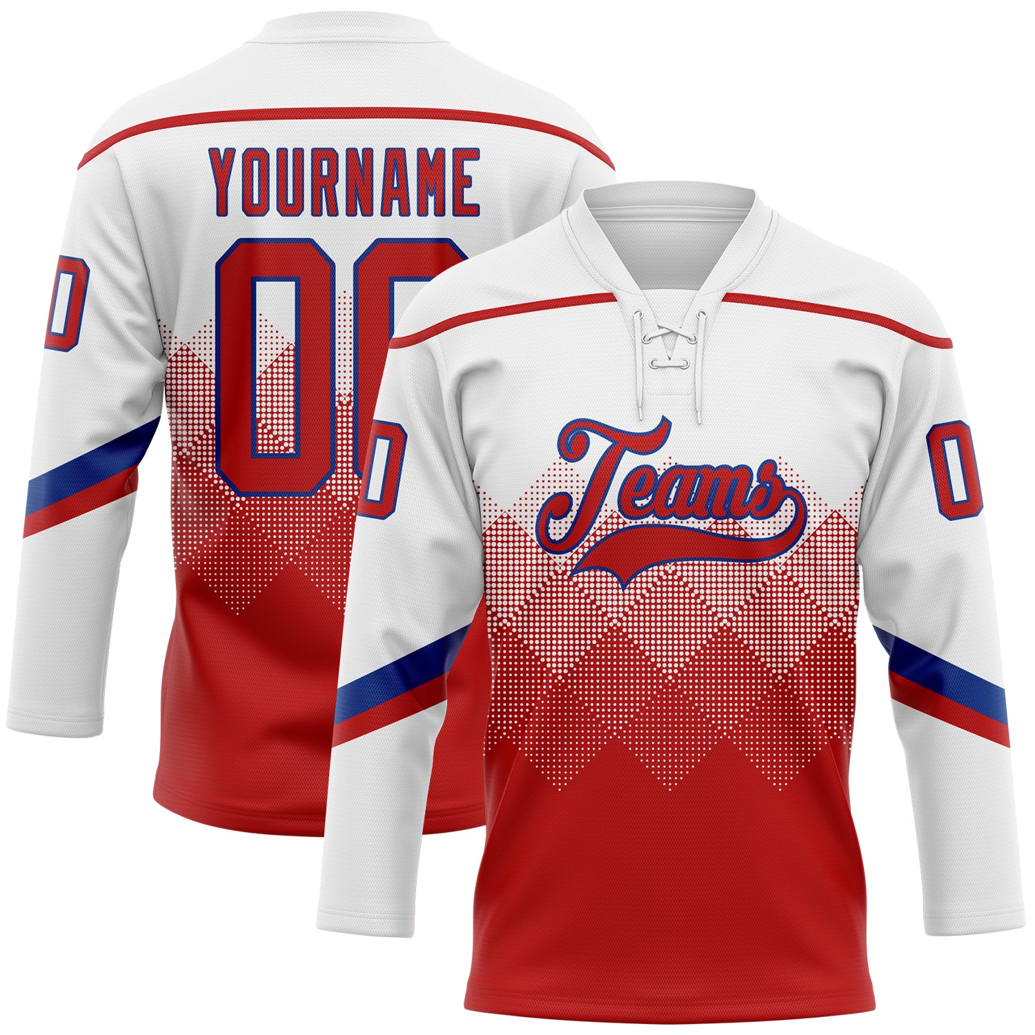 Custom White Red-Royal 3D Pattern Gradient Square Shapes Hockey Lace Neck Jersey