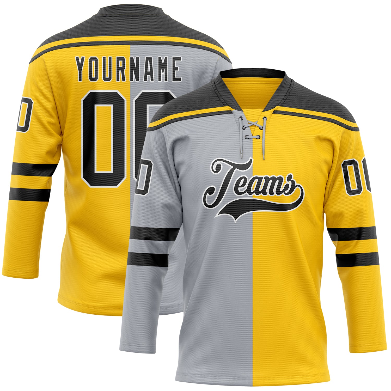 Custom Yellow Black Gray-White Split Fashion Hockey Lace Neck Jersey