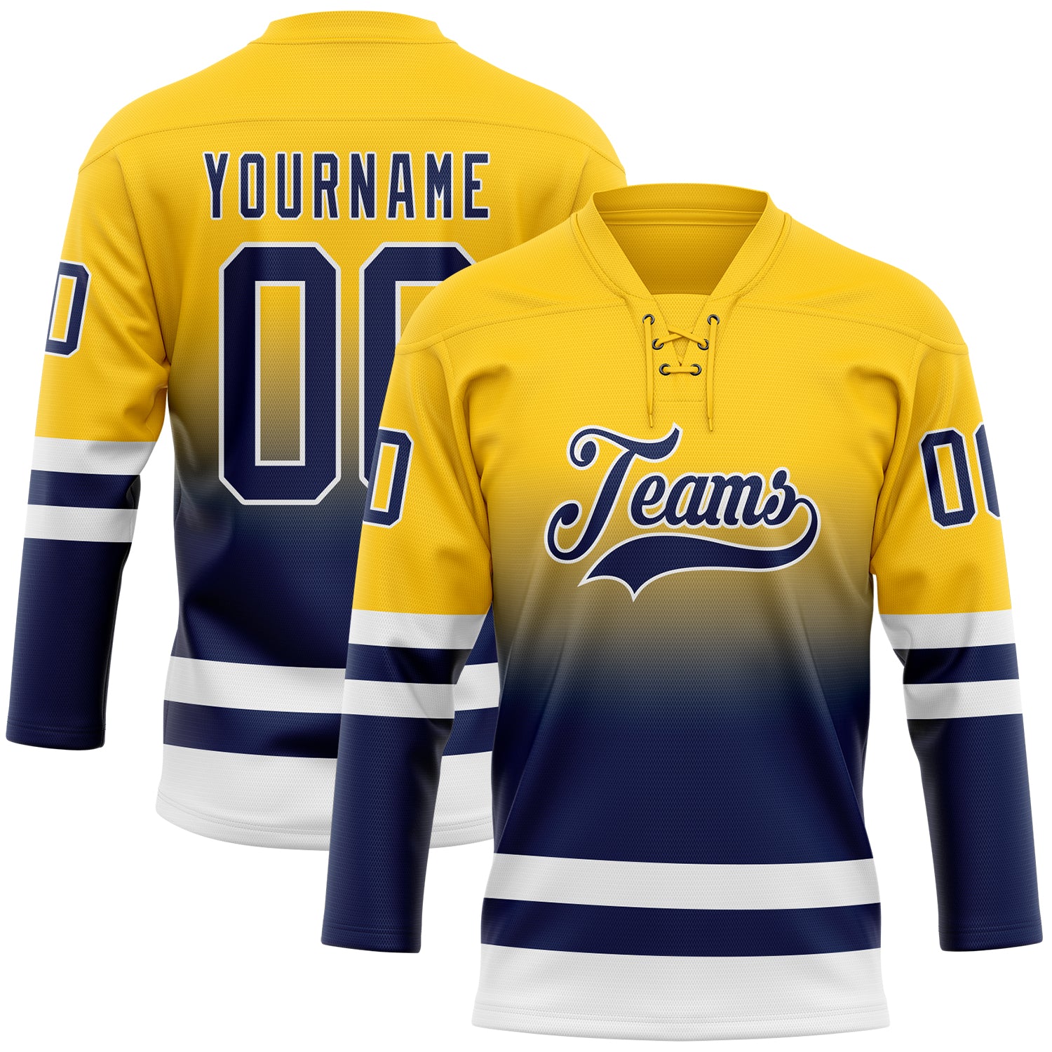 Custom Yellow Navy-White Fade Fashion Hockey Lace Neck Jersey