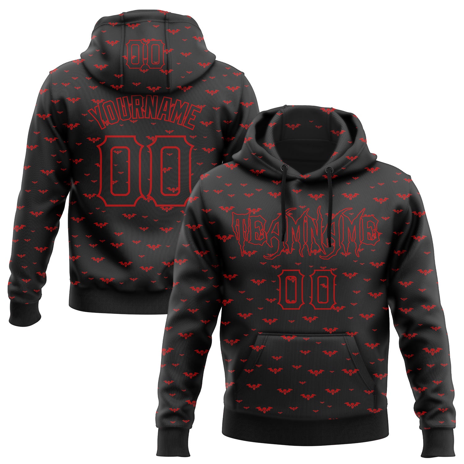 Custom Black Red 3D Halloween Bat Skull Doodle Party Costume Ideas Sports Pullover Sweatshirt Hoodie