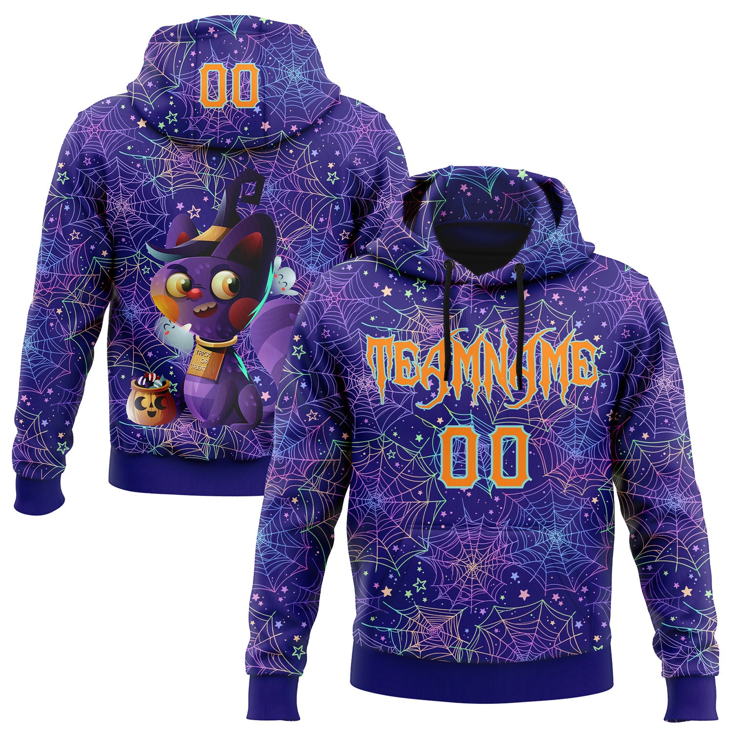Custom Dark Purple Bay Orange-Ice Blue 3D Halloween Spider Net Horror Night Trick Treat Party Costume Ideas Sports Pullover Sweatshirt Hoodie