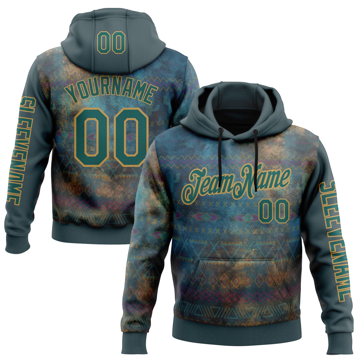 Custom Green Midnight Green-Old Gold 3D Pattern Design Ethnic Tribal Sportswear Pullover Sweatshirt Hoodie