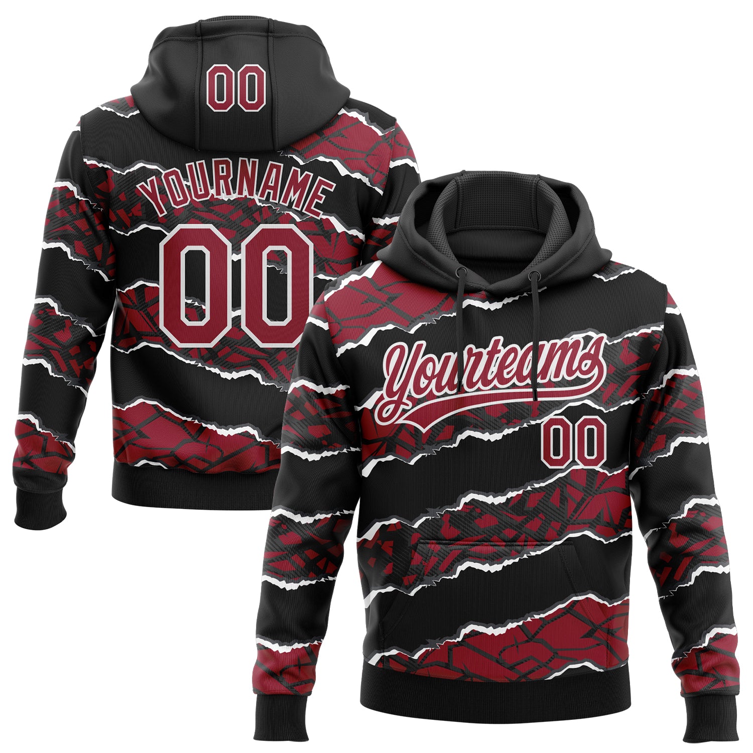 Custom Stitched Black Crimson-White 3D Pattern Design Torn Paper Style Sports Pullover Sweatshirt Hoodie