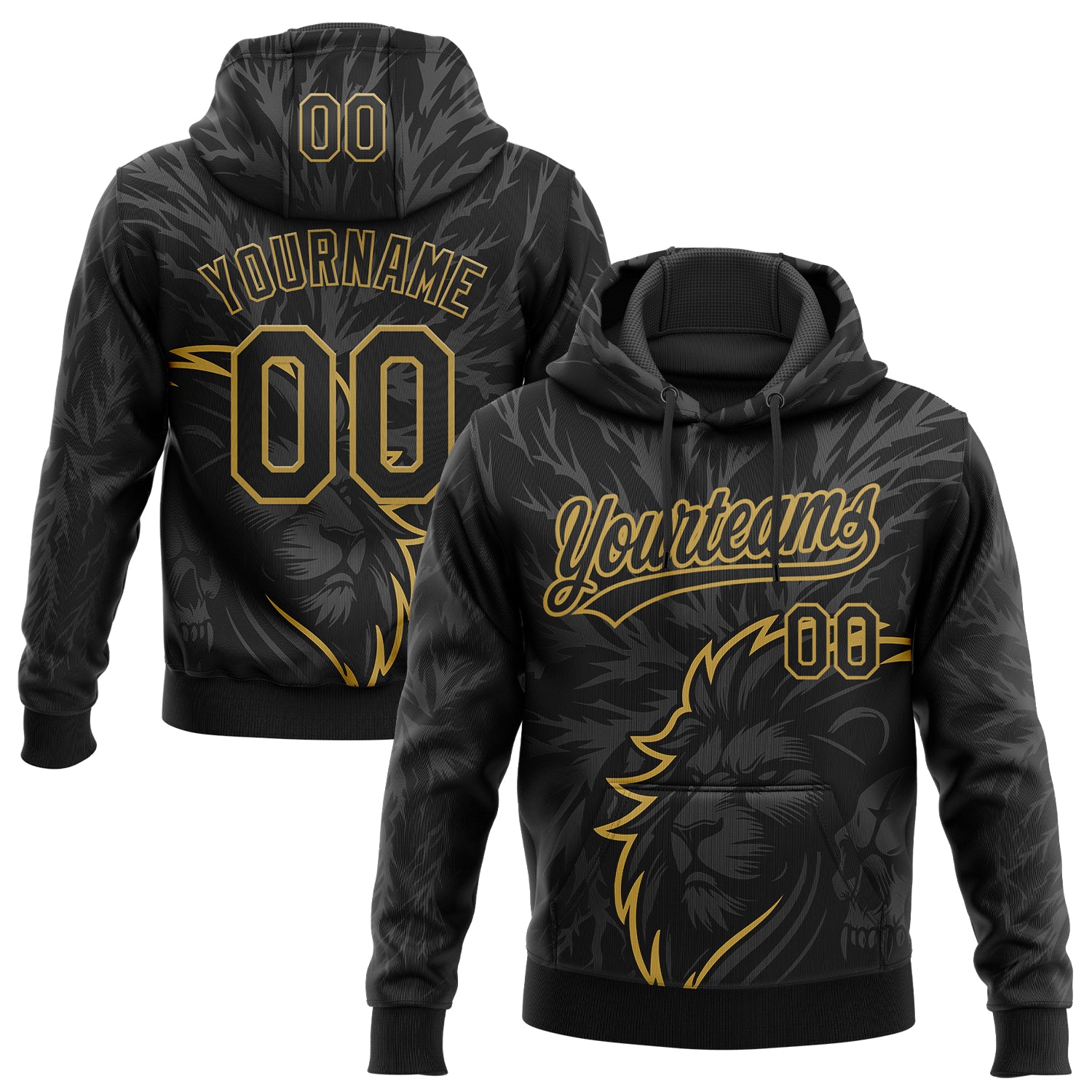Custom Stitched Black Gray-Old Gold 3D Pattern Design Animal Lion Sports Pullover Sweatshirt Hoodie