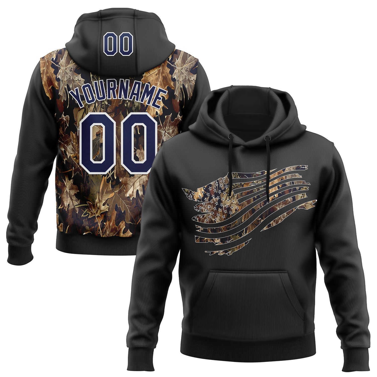 Custom Stitched Black Navy-White 3D Pattern Design Tree Camo American Flag Hunting Sports Pullover Sweatshirt Hoodie