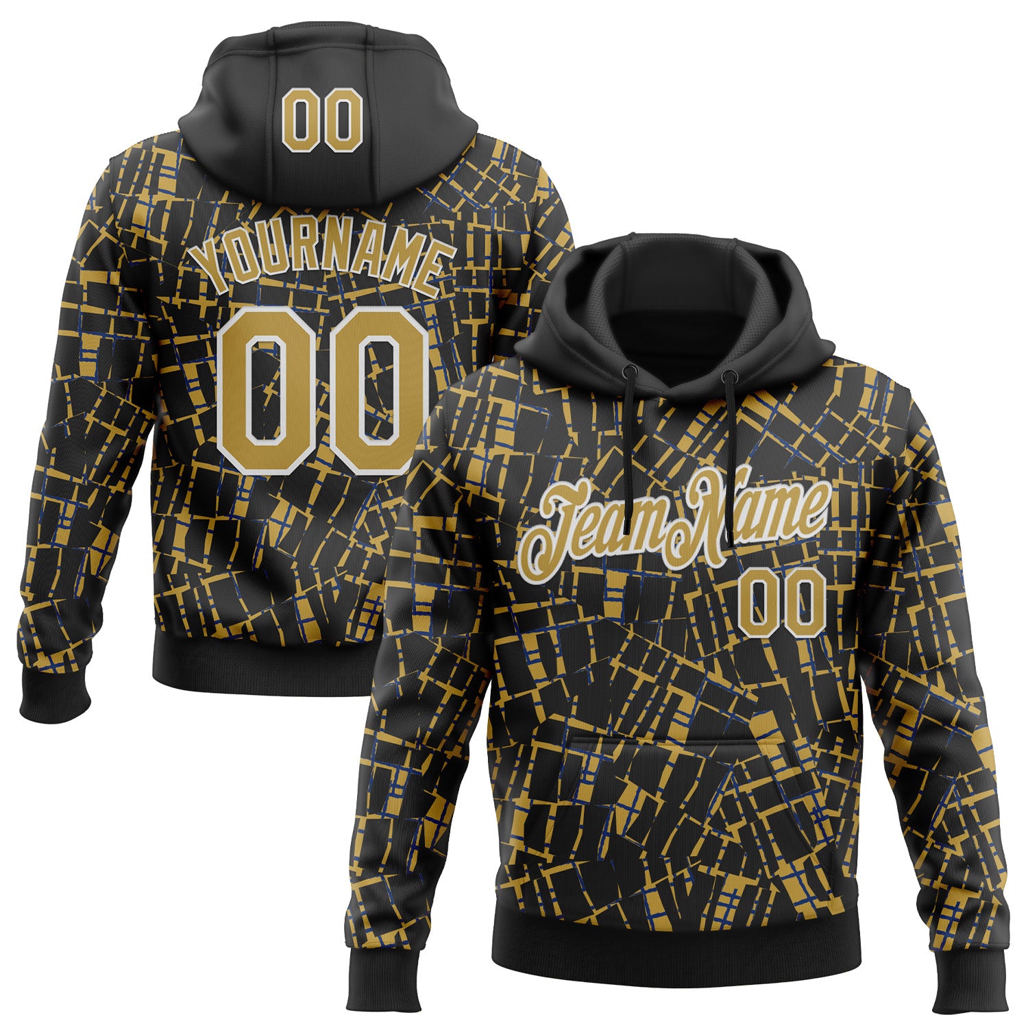 Custom Stitched Black Old Gold-White 3D Pattern Design Line Sports Pullover Sweatshirt Hoodie