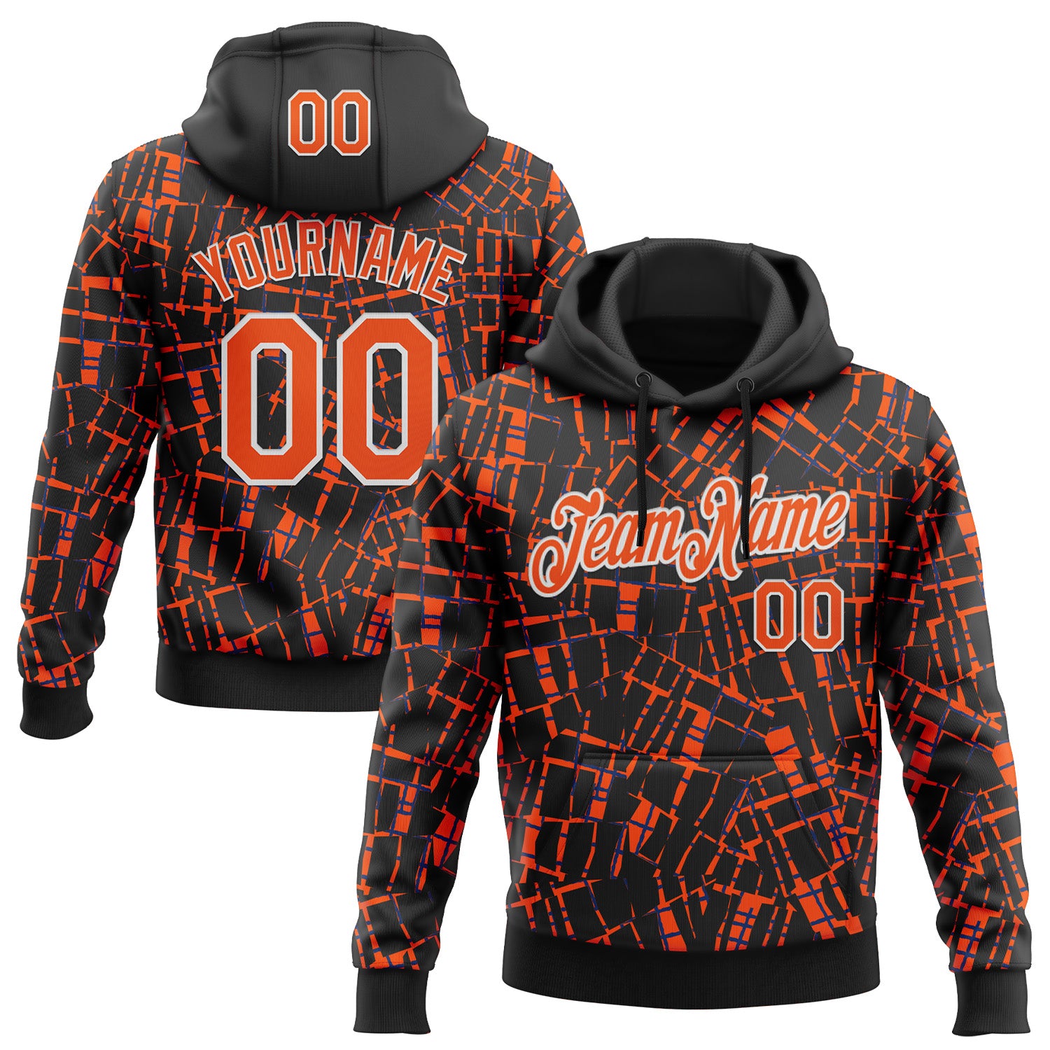 Custom Stitched Black Orange-White 3D Pattern Design Line Sports Pullover Sweatshirt Hoodie