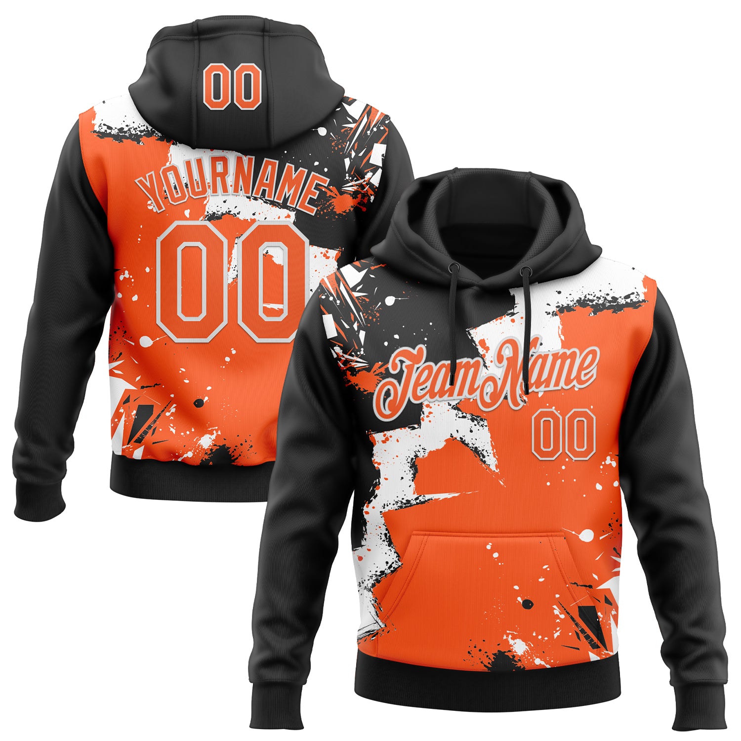 Custom Stitched Black Orange-White 3D Pattern Design Splash Torn Paper Style Sports Pullover Sweatshirt Hoodie