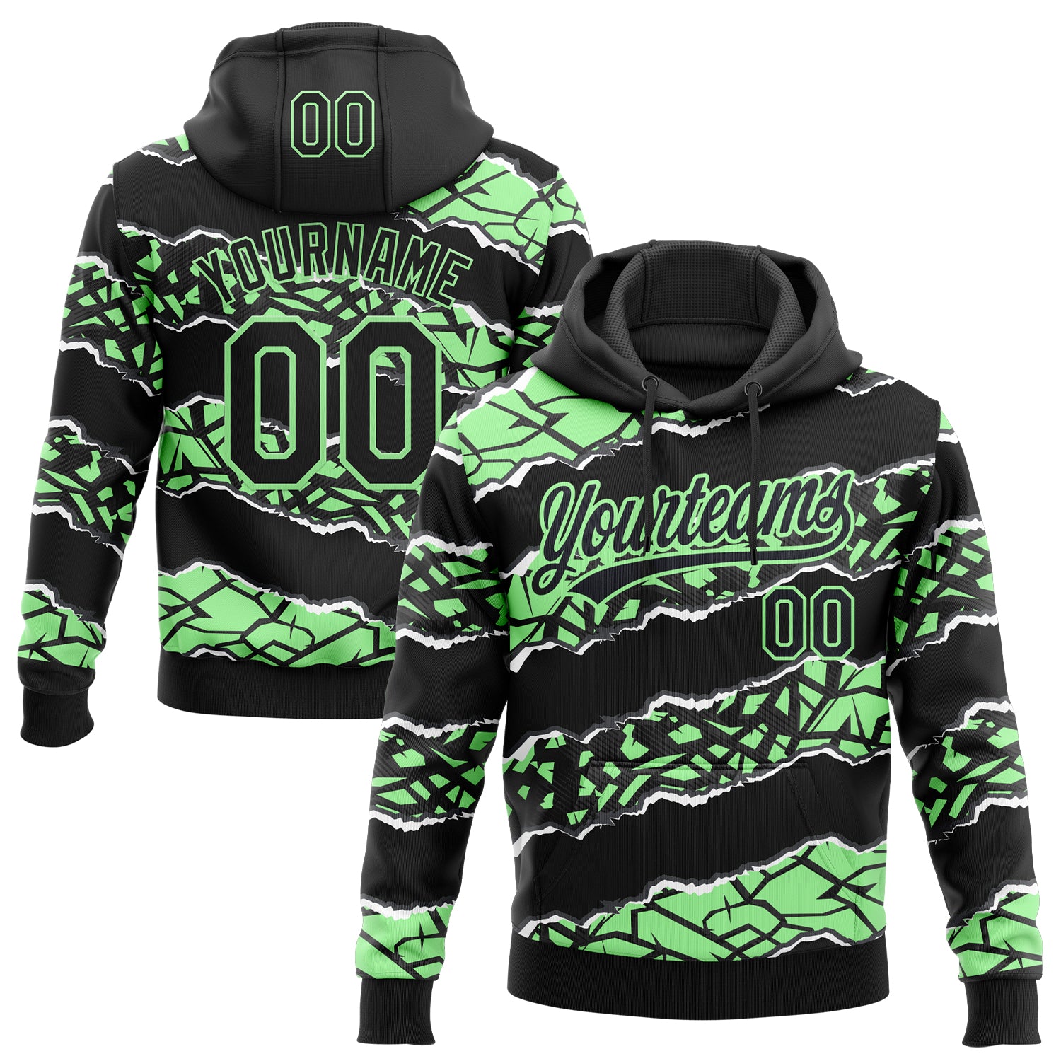 Custom Stitched Black Pea Green-White 3D Pattern Design Torn Paper Style Sports Pullover Sweatshirt Hoodie