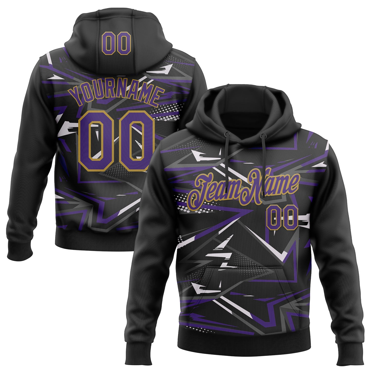 Custom Stitched Black Purple Old Gold-White 3D Pattern Design Line Sports Pullover Sweatshirt Hoodie