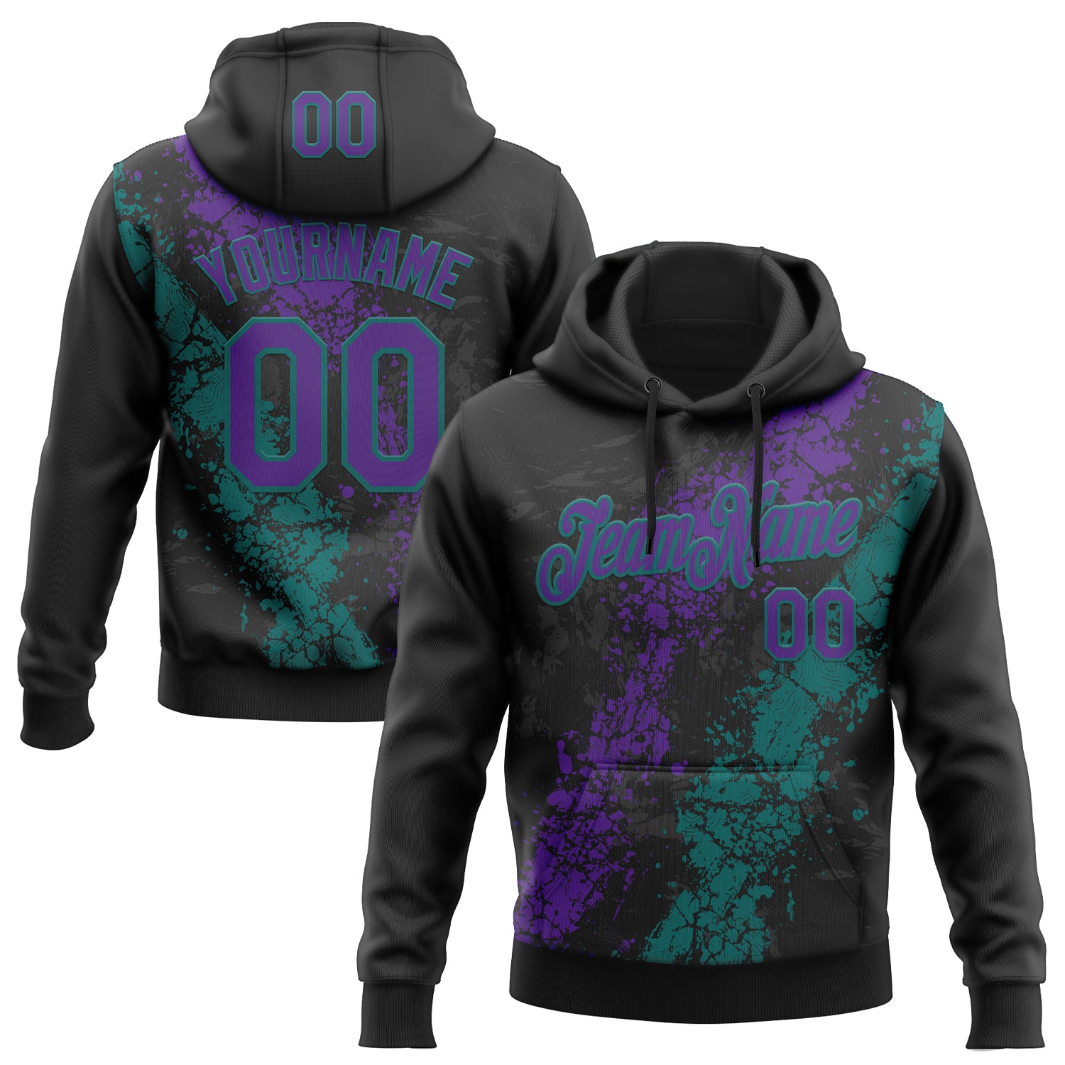 Custom Stitched Black Purple-Teal 3D Pattern Design Splash Sports Pullover Sweatshirt Hoodie