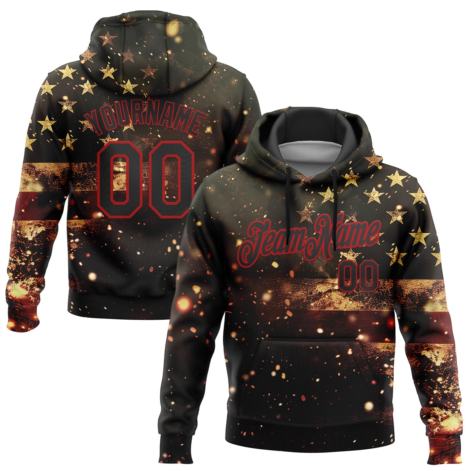 Custom Stitched Black Red 3D American Flag Retro Distressed Sparkle Grunge Sports Pullover Sweatshirt Hoodie