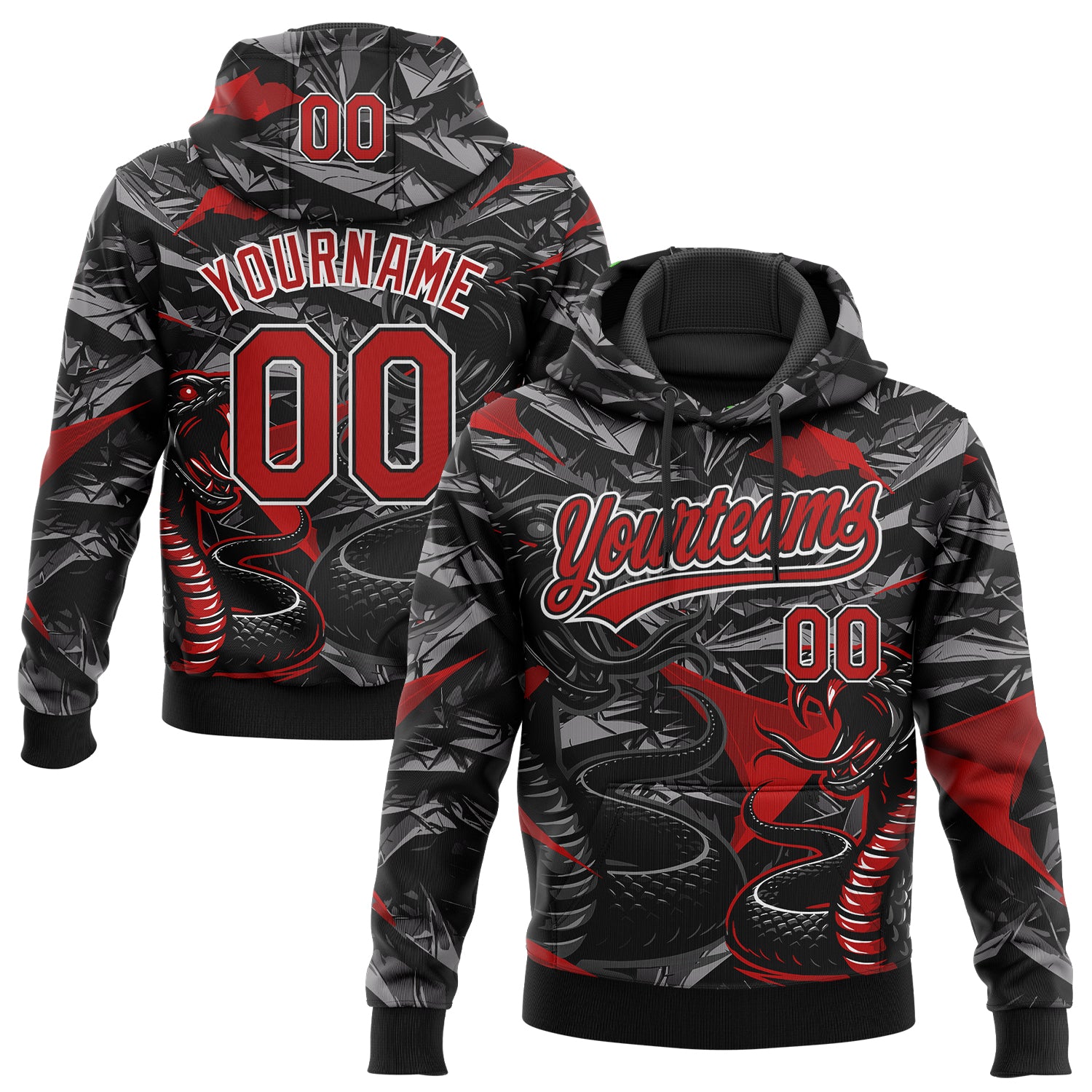 Custom Stitched Black Red Gray-White 3D Pattern Design Animal Snake Sports Pullover Sweatshirt Hoodie