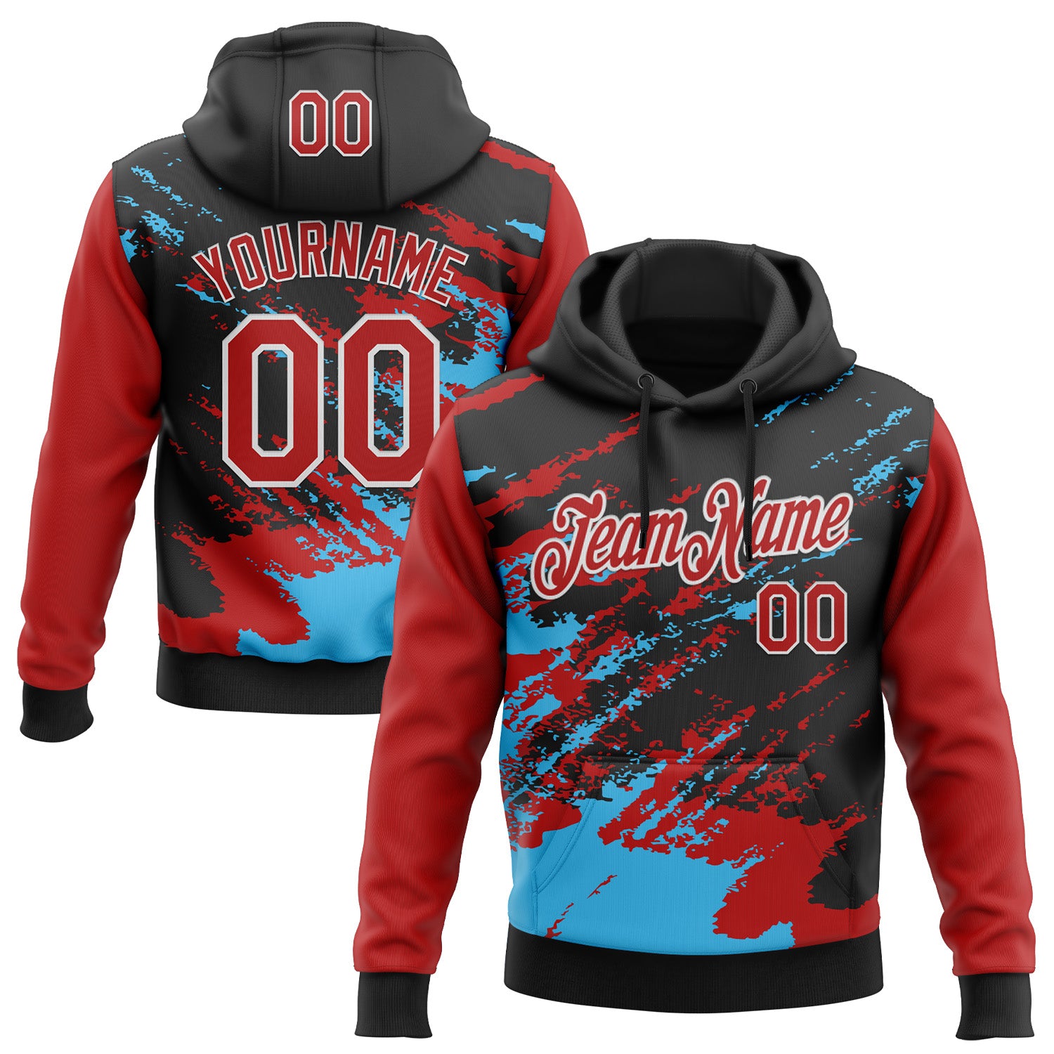 Custom Stitched Black Red Sky Blue-White 3D Pattern Design Abstract Fragment Art Splash Sports Pullover Sweatshirt Hoodie