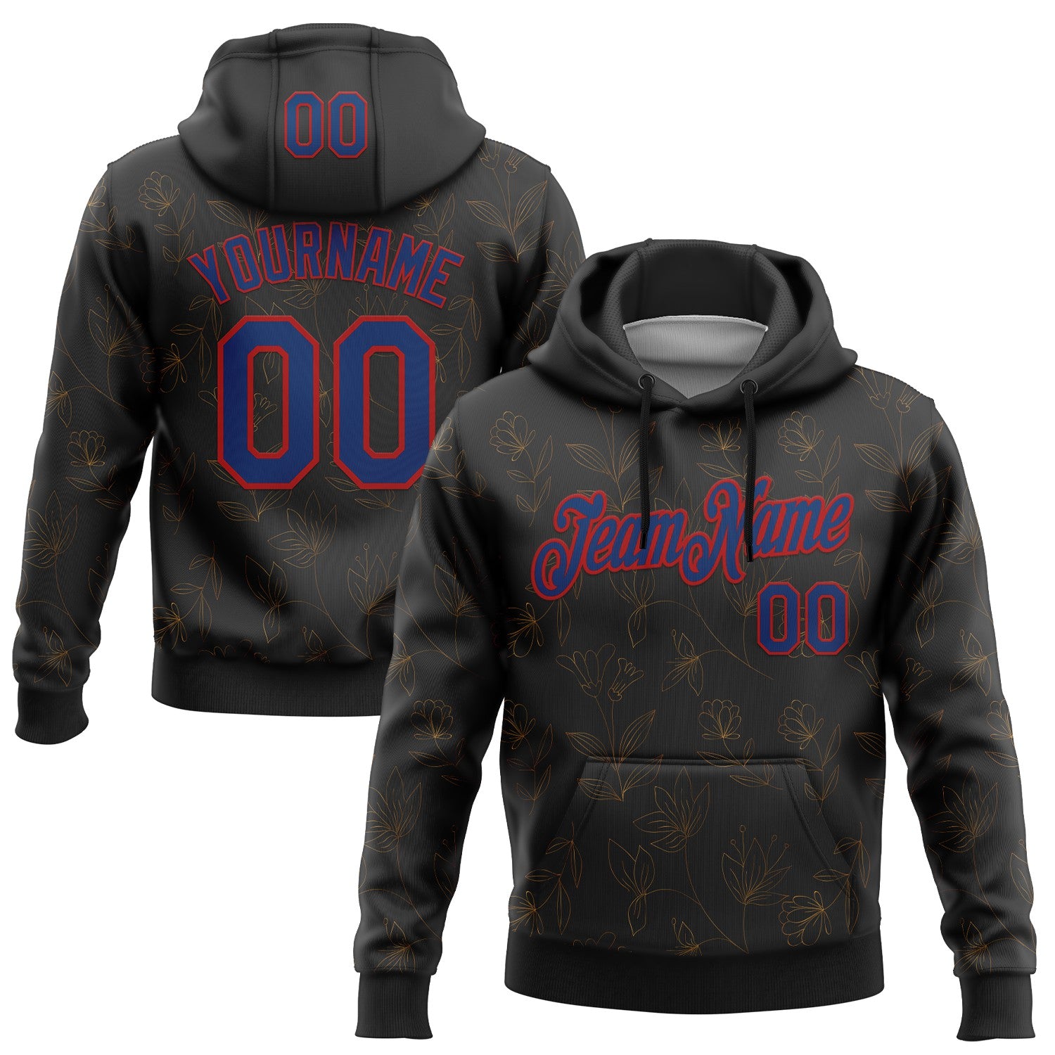 Custom Stitched Black Royal-Red 3D Pattern Design Golden Subtle Floral Sports Pullover Sweatshirt Hoodie