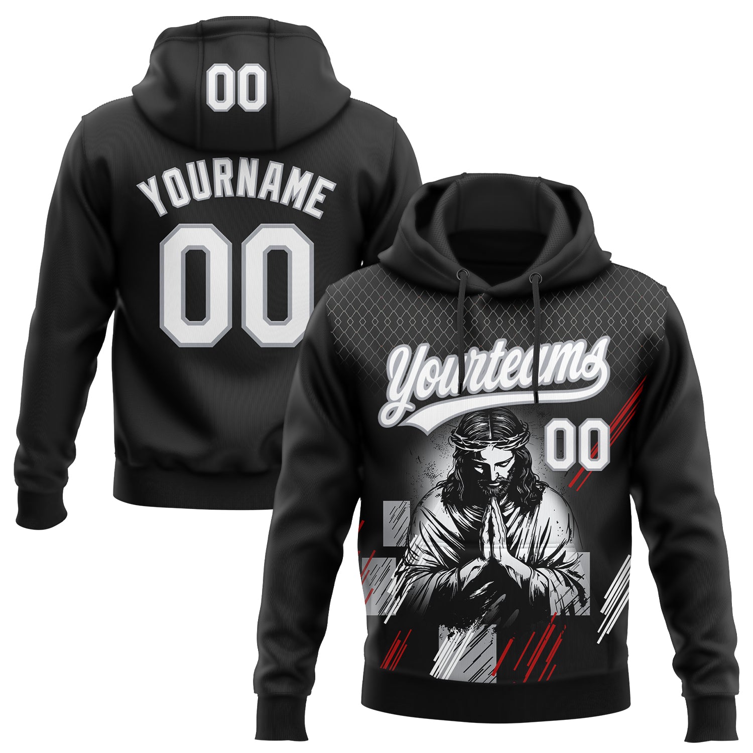 Custom Stitched Black White Gray-Red 3D Pattern Design Religion Jesus Christ Pullover Sweatshirt Hoodie