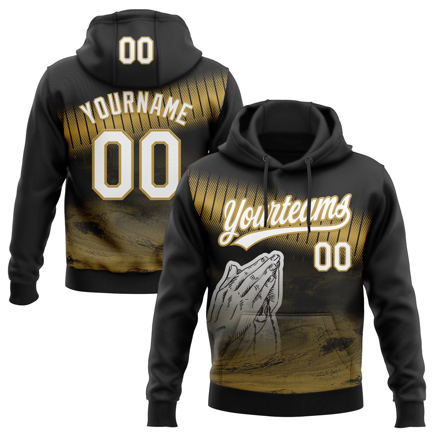 Custom Stitched Black White-Old Gold 3D Pattern Design Religion Praying Hands Pullover Sweatshirt Hoodie