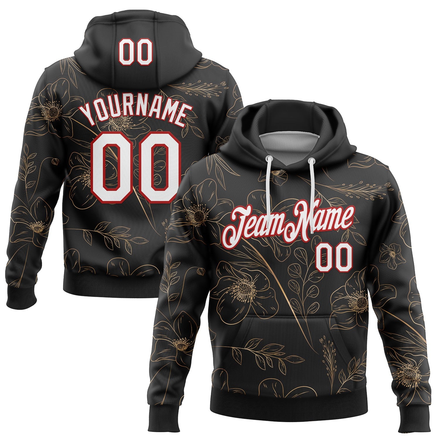 Custom Stitched Black White-Red 3D Pattern Design Golden Subtle Floral Sports Pullover Sweatshirt Hoodie