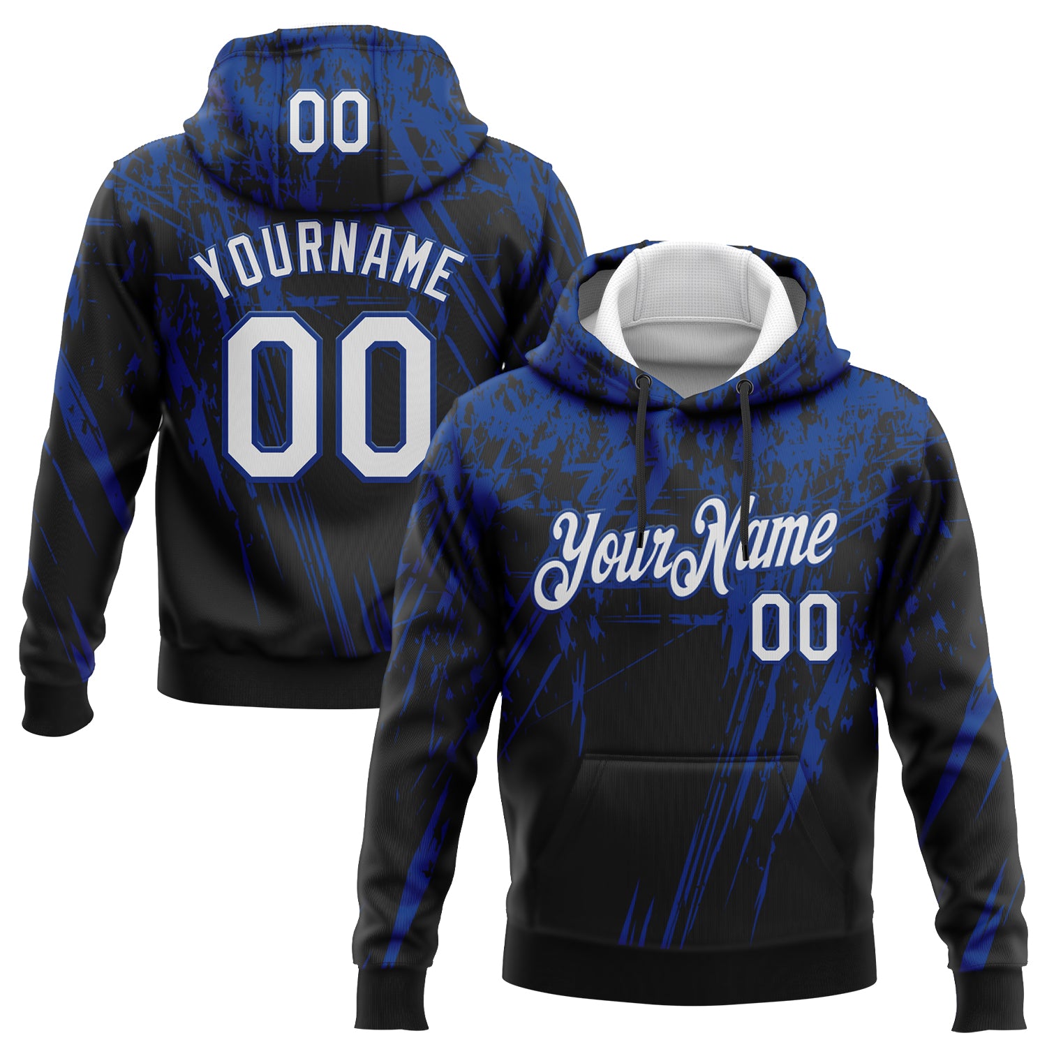 Custom Stitched Black White-Royal 3D Pattern Design Splash Grunge Art Sports Pullover Sweatshirt Hoodie