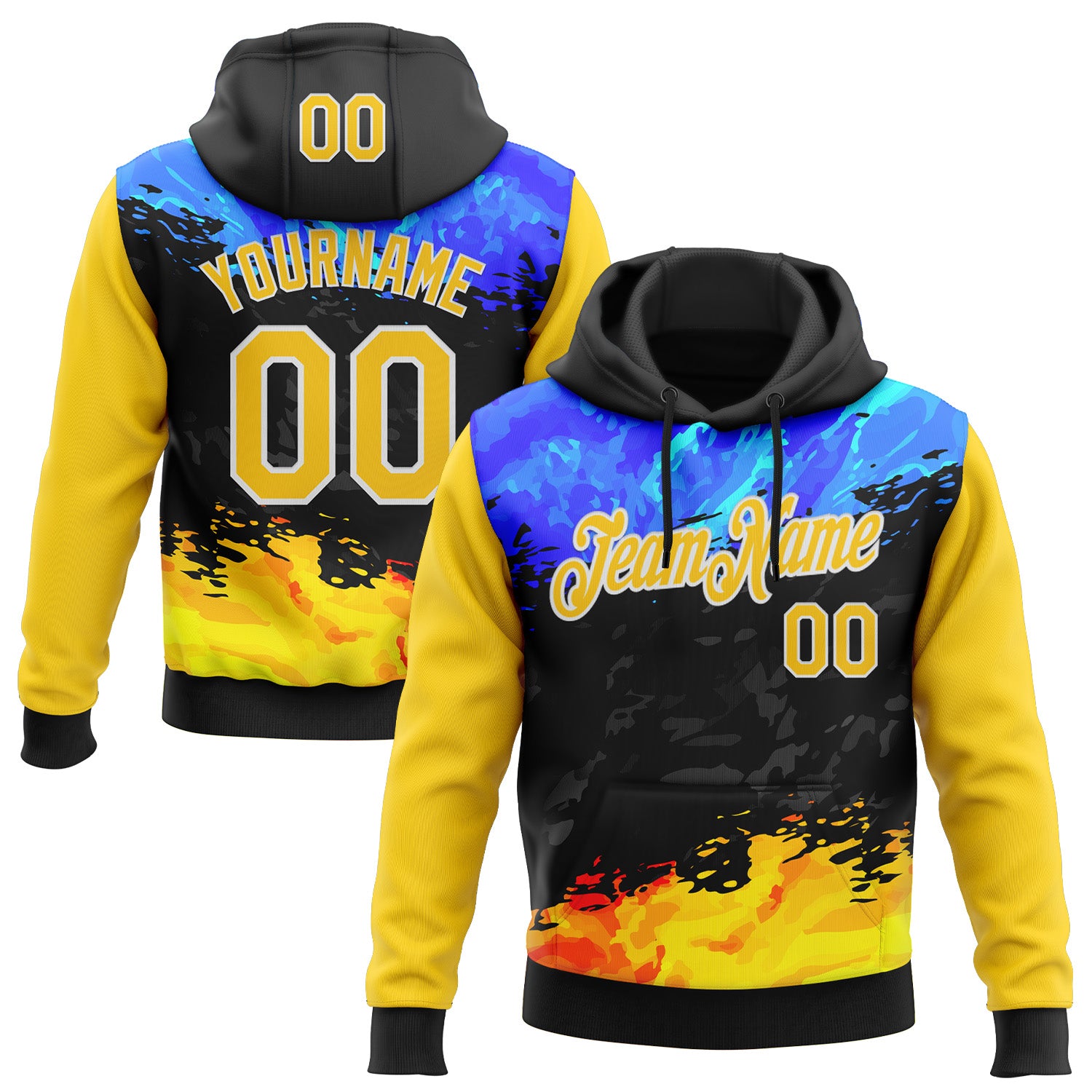 Custom Stitched Black Yellow Blue-White 3D Pattern Design Splash Sports Pullover Sweatshirt Hoodie