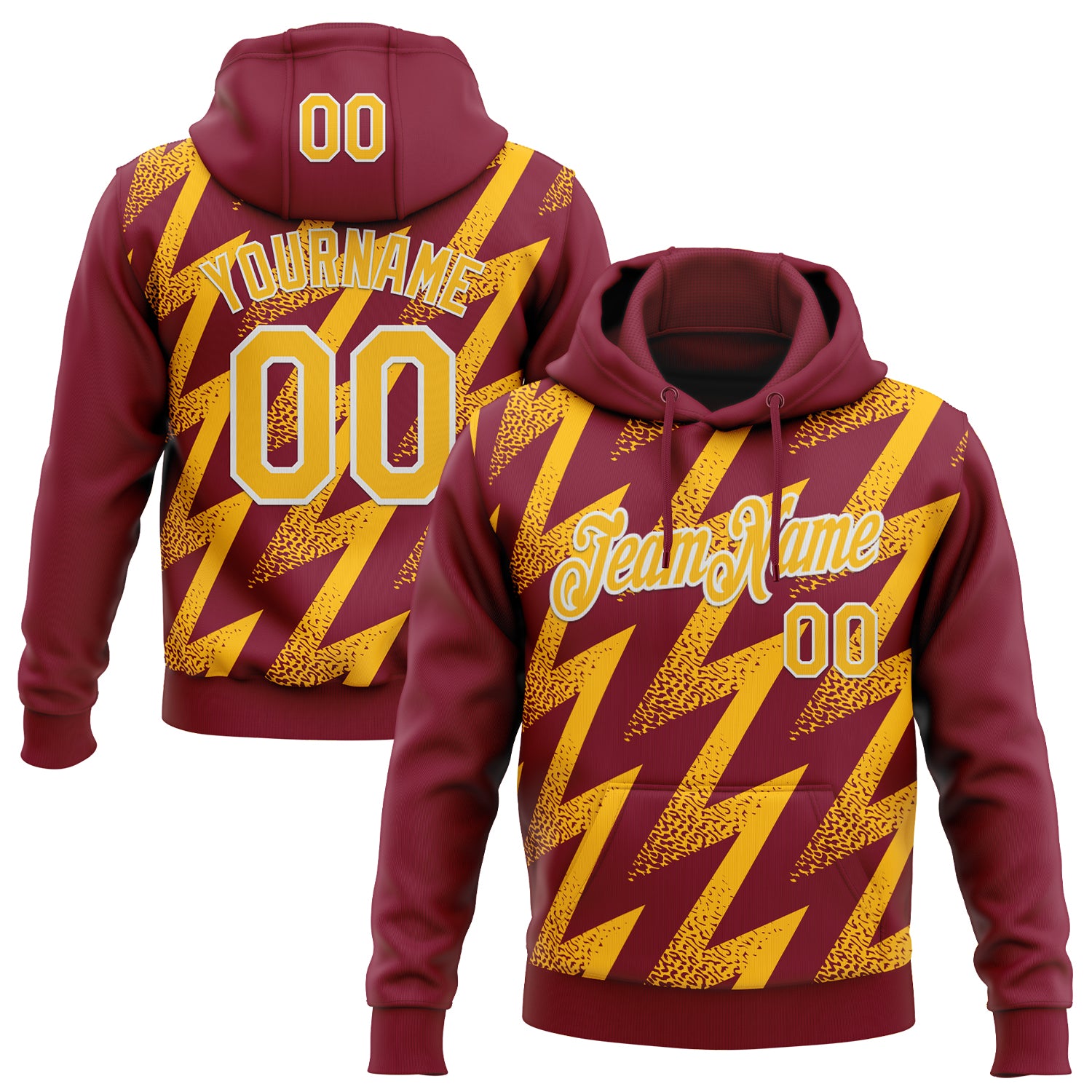 Custom Stitched Crimson Gold-White 3D Pattern Design Zigzag Shape Sports Pullover Sweatshirt Hoodie