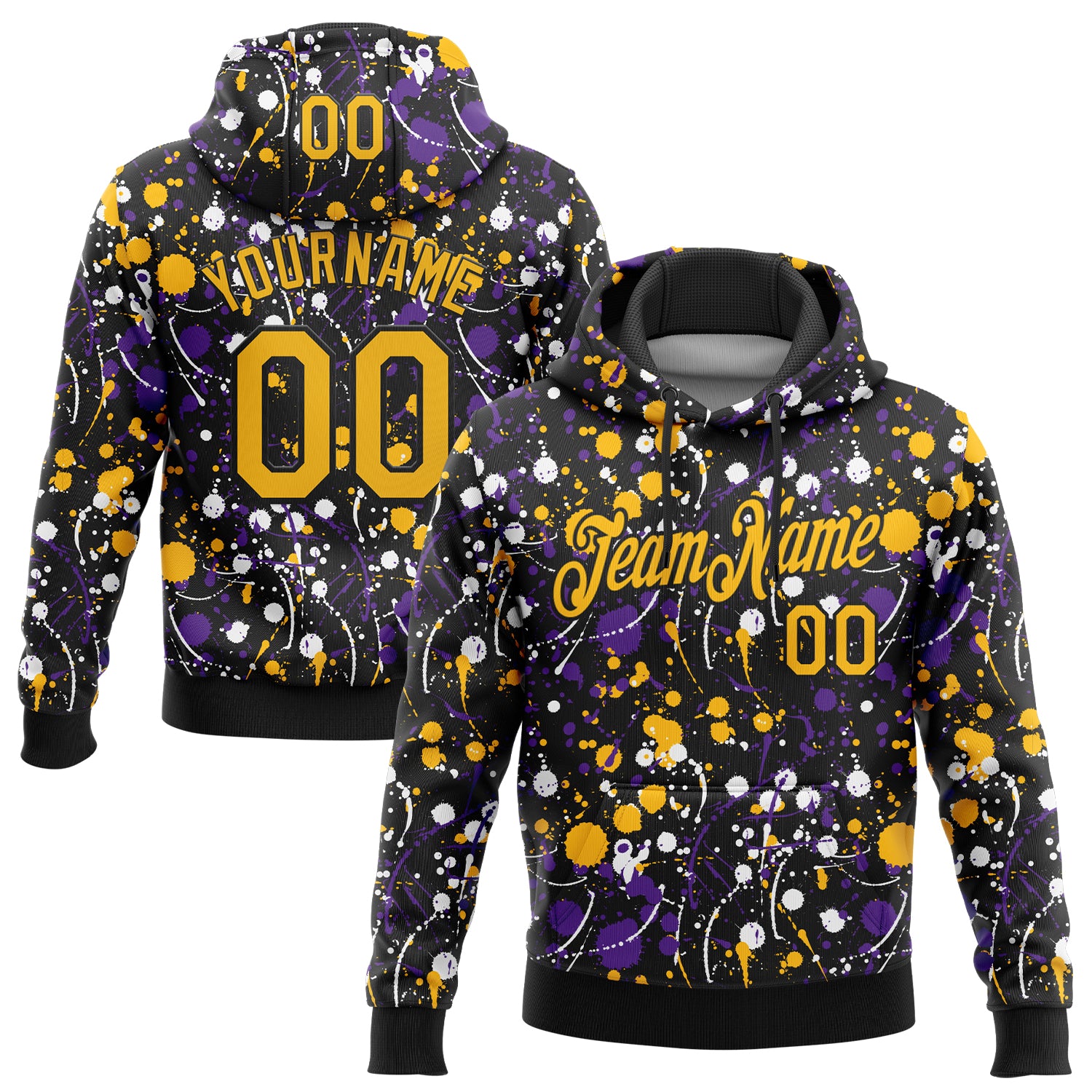 Custom Stitched Graffiti Pattern Gold-Black 3D Splash Grunge Art Sports Pullover Sweatshirt Hoodie