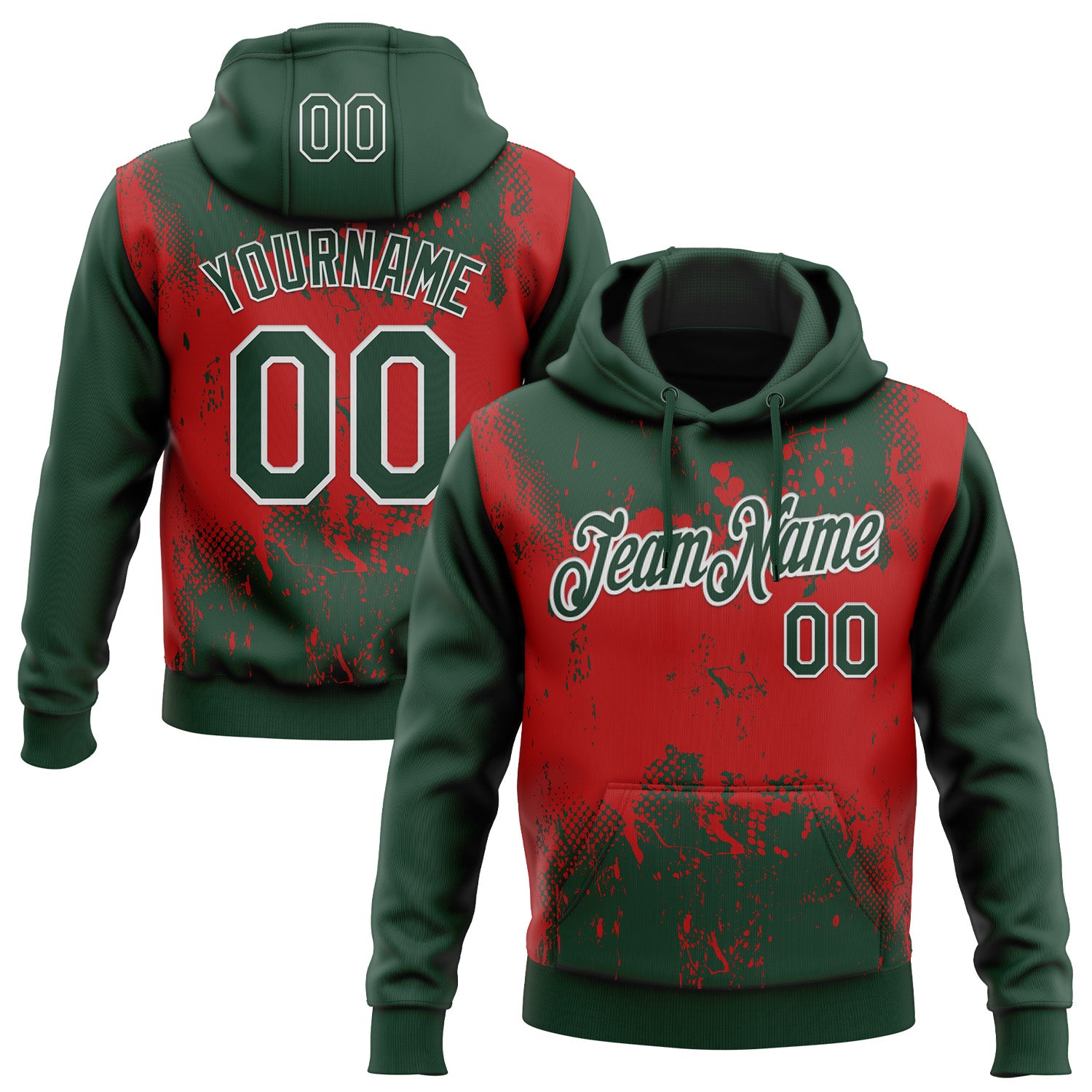 Custom Stitched Green Red-White 3D Pattern Design Abstract Splatter Grunge Art Sports Pullover Sweatshirt Hoodie