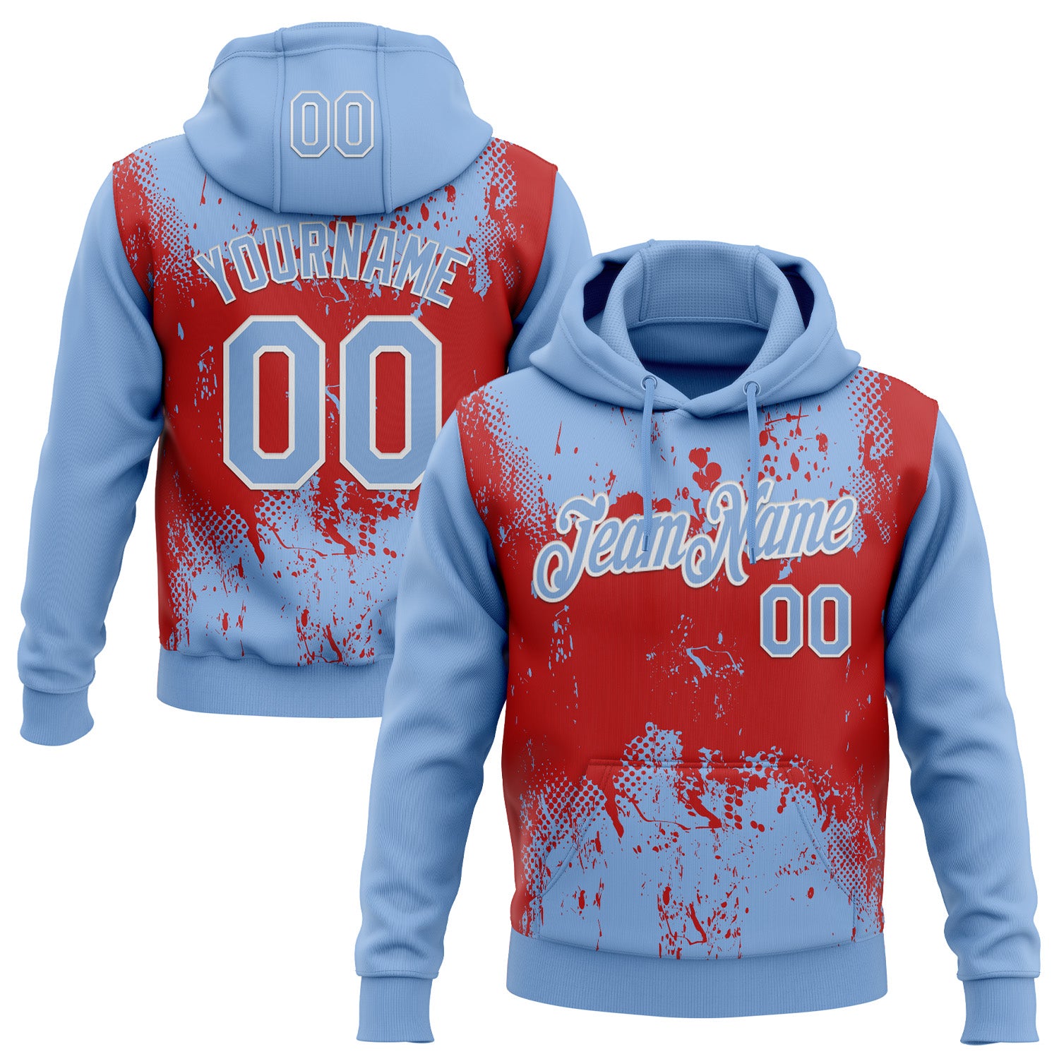 Custom Stitched Light Blue Red-White 3D Pattern Design Abstract Splatter Grunge Art Sports Pullover Sweatshirt Hoodie