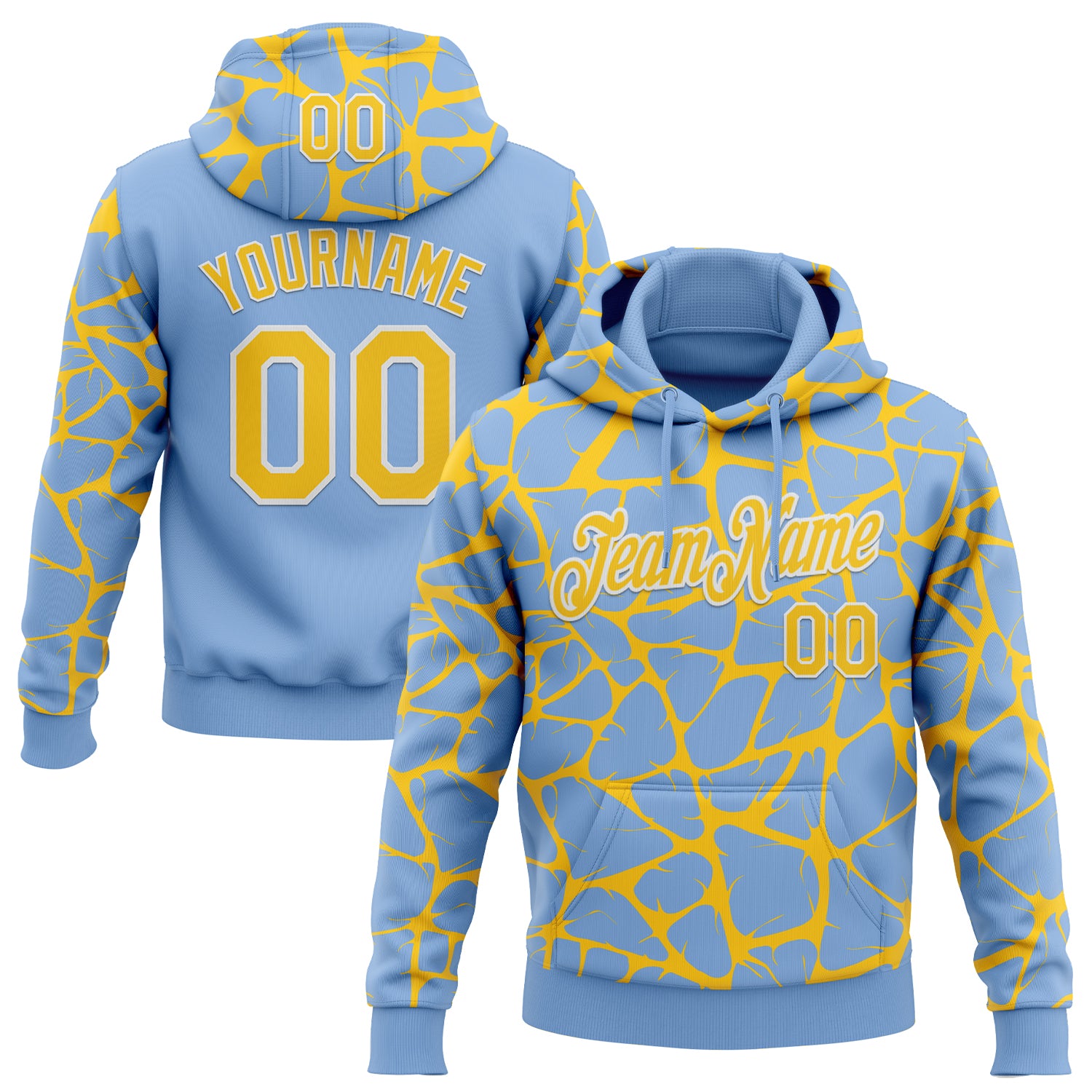 Custom Stitched Light Blue Yellow-White 3D Pattern Design Abstract Network Sports Pullover Sweatshirt Hoodie
