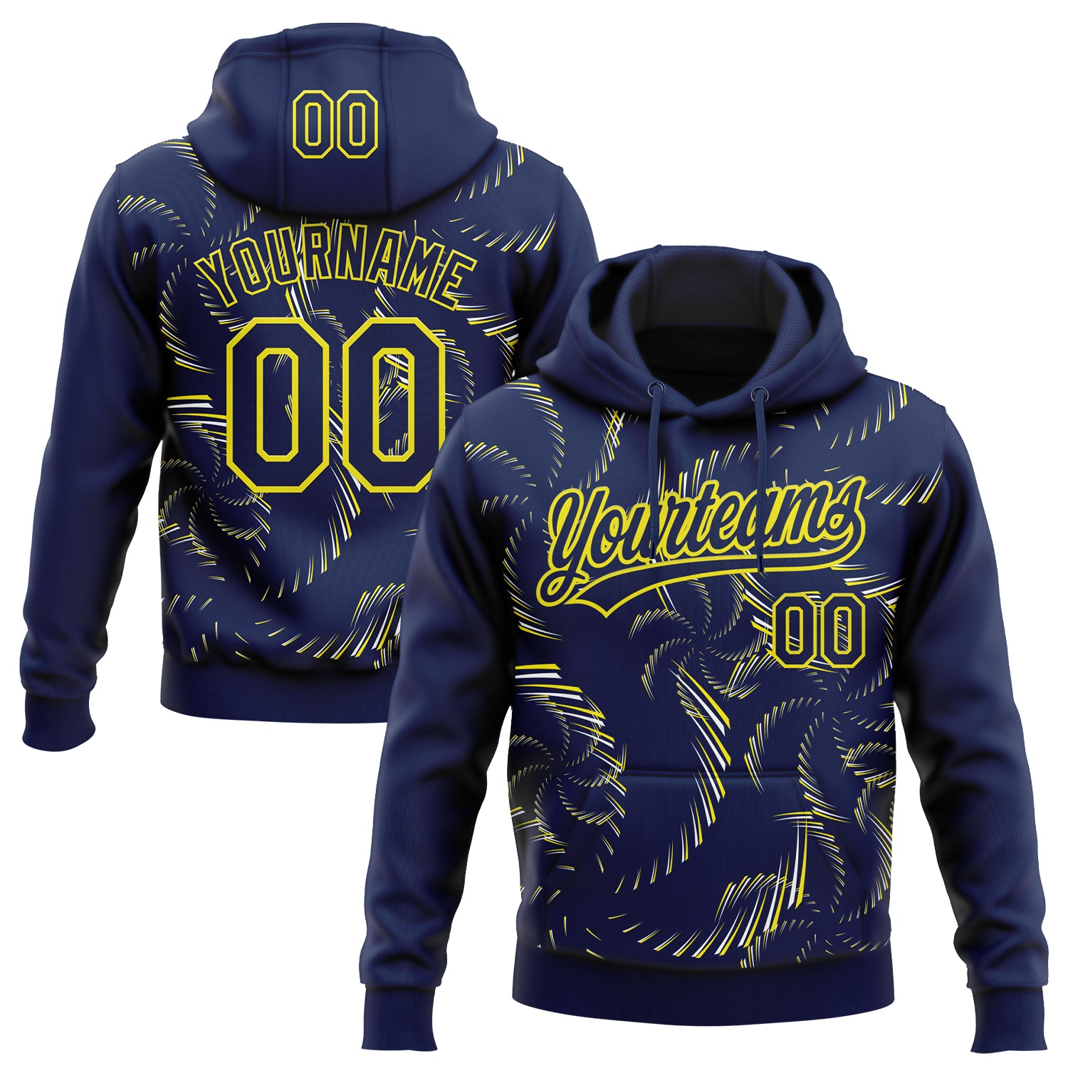 Custom Stitched Navy Light Yellow-White 3D Pattern Design Line Sportswear Pullover Sweatshirt Hoodie