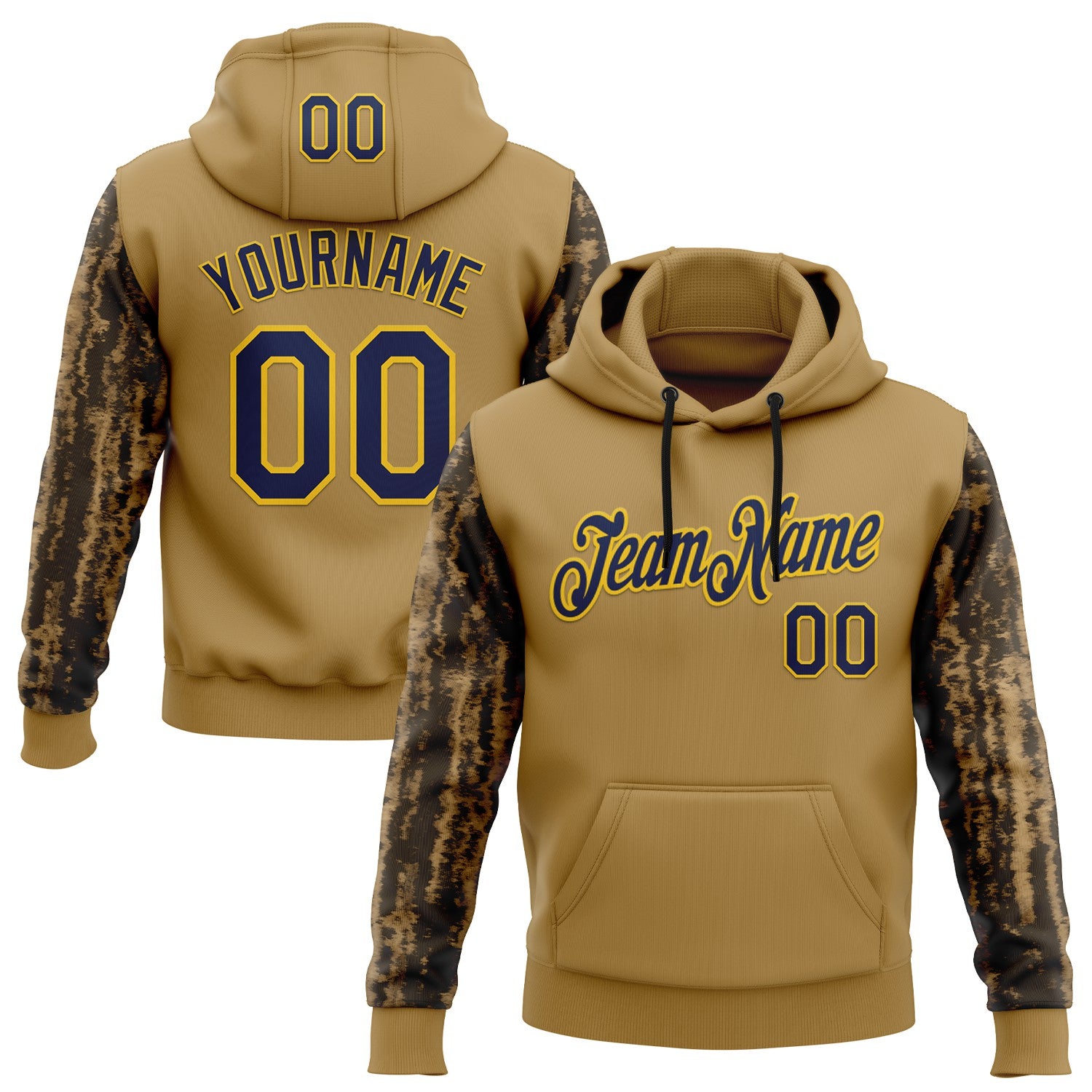 Custom Stitched Old Gold Navy-Yellow 3D Pattern Design Tree Camo Hunting Sports Pullover Sweatshirt Hoodie