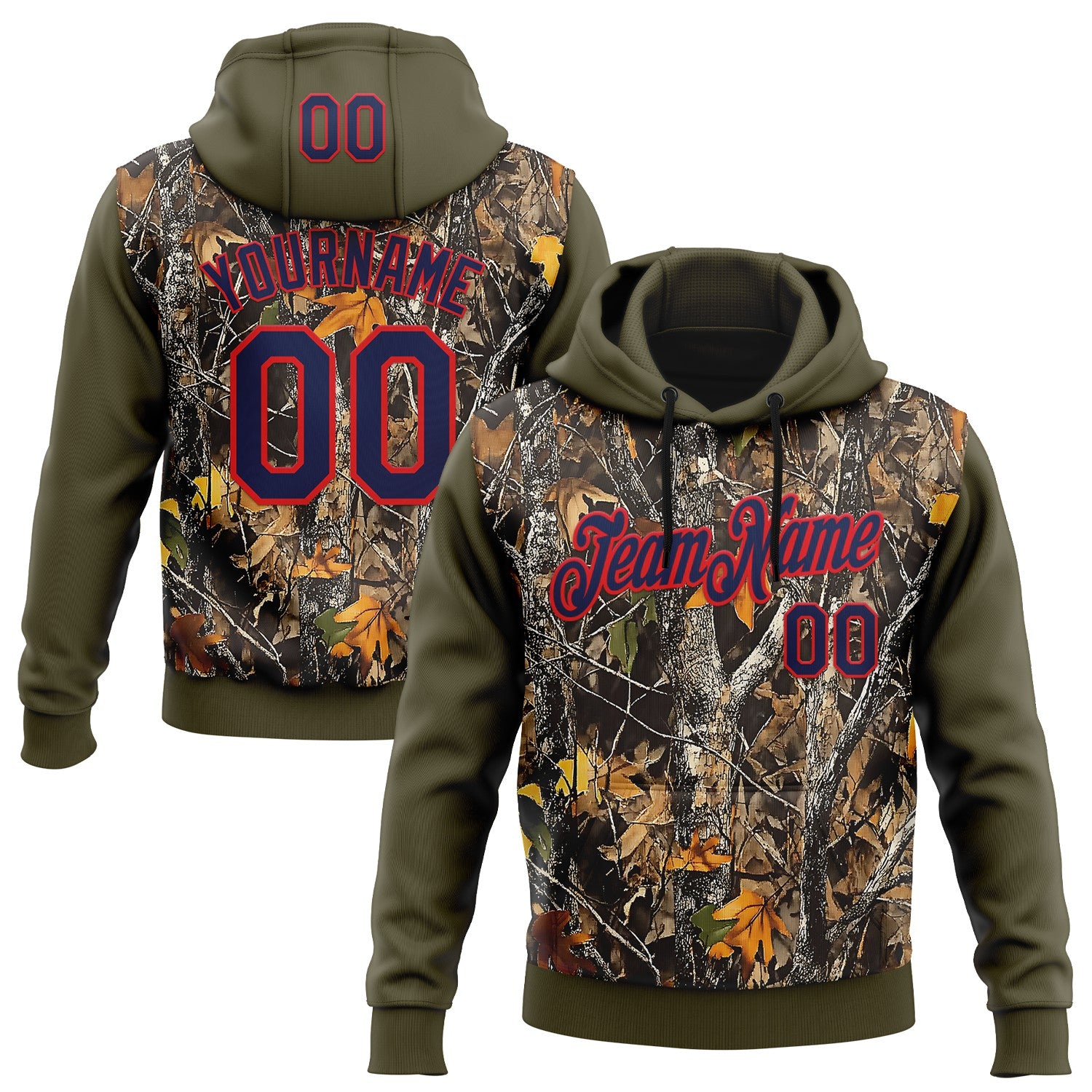 Custom Stitched Olive Navy-Fire Red 3D Pattern Design Tree Camo Hunting Sports Pullover Sweatshirt Salute To Service Hoodie