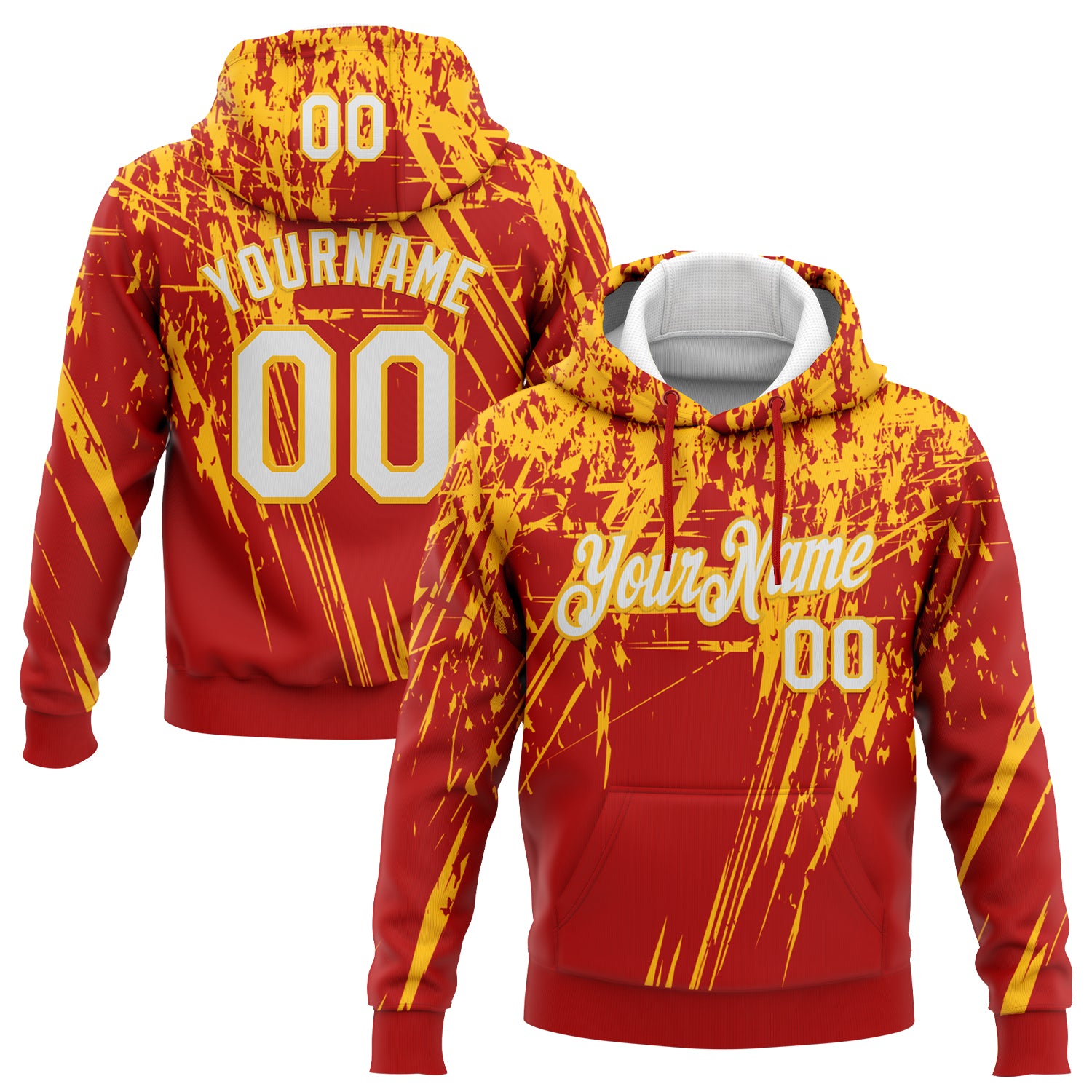 Custom Stitched Red White-Gold 3D Pattern Design Splash Grunge Art Sports Pullover Sweatshirt Hoodie