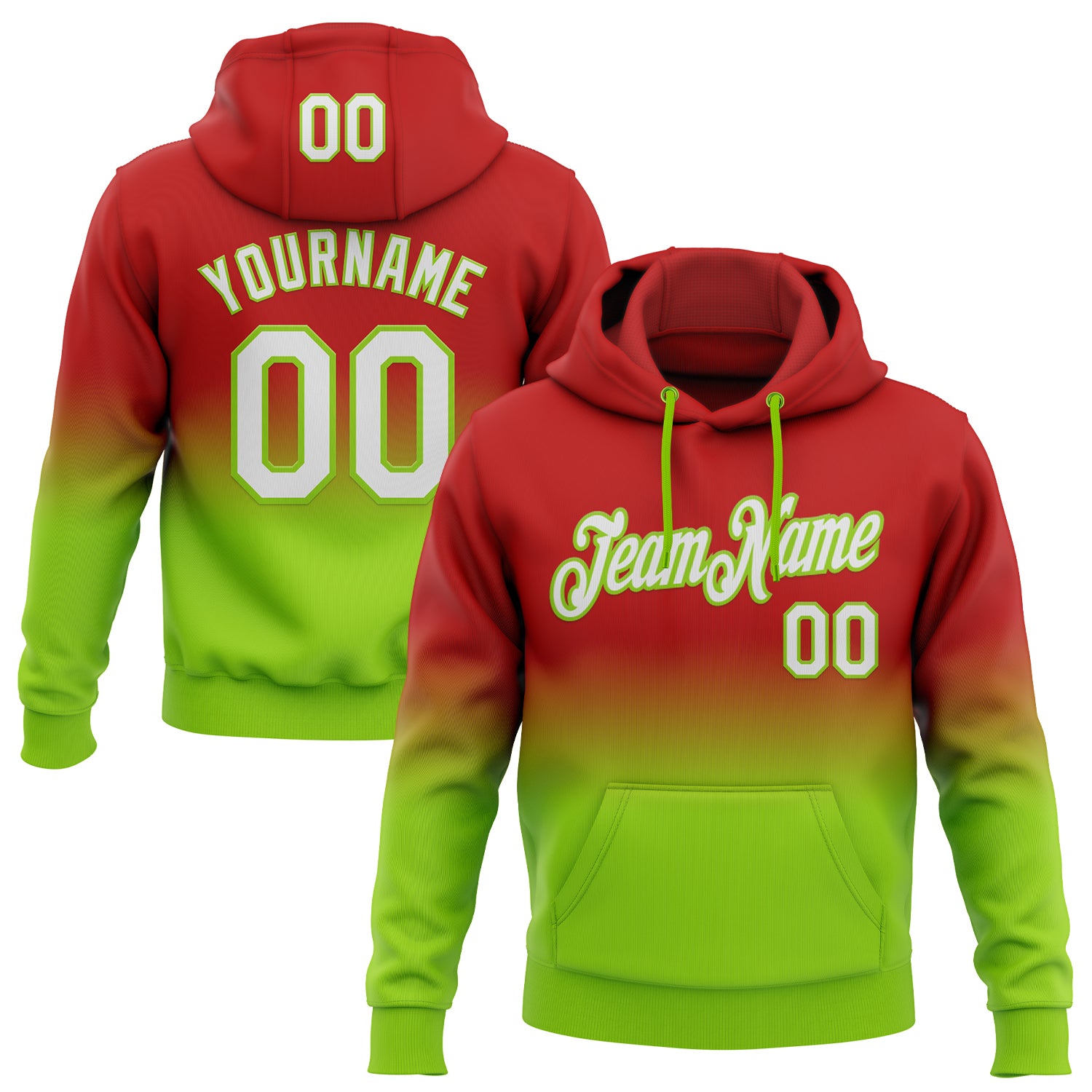 Custom Stitched Red White-Neon Green Fade Fashion Sports Pullover Sweatshirt Hoodie